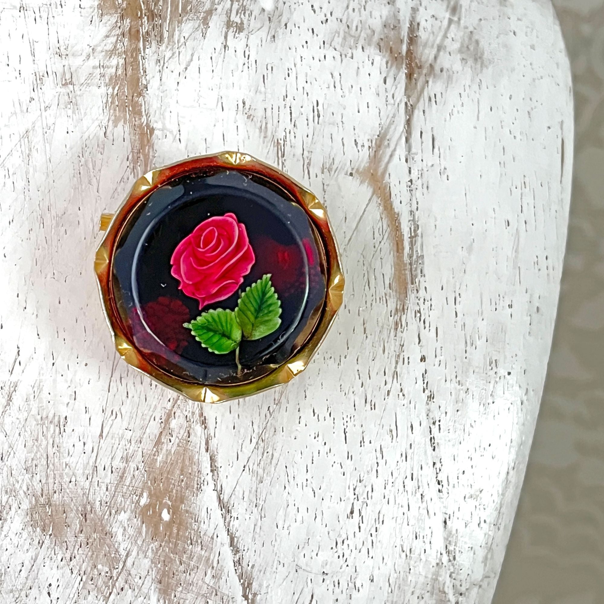 Vintage Reverse Carved Hand Painted Rose Glass Brooch Pin