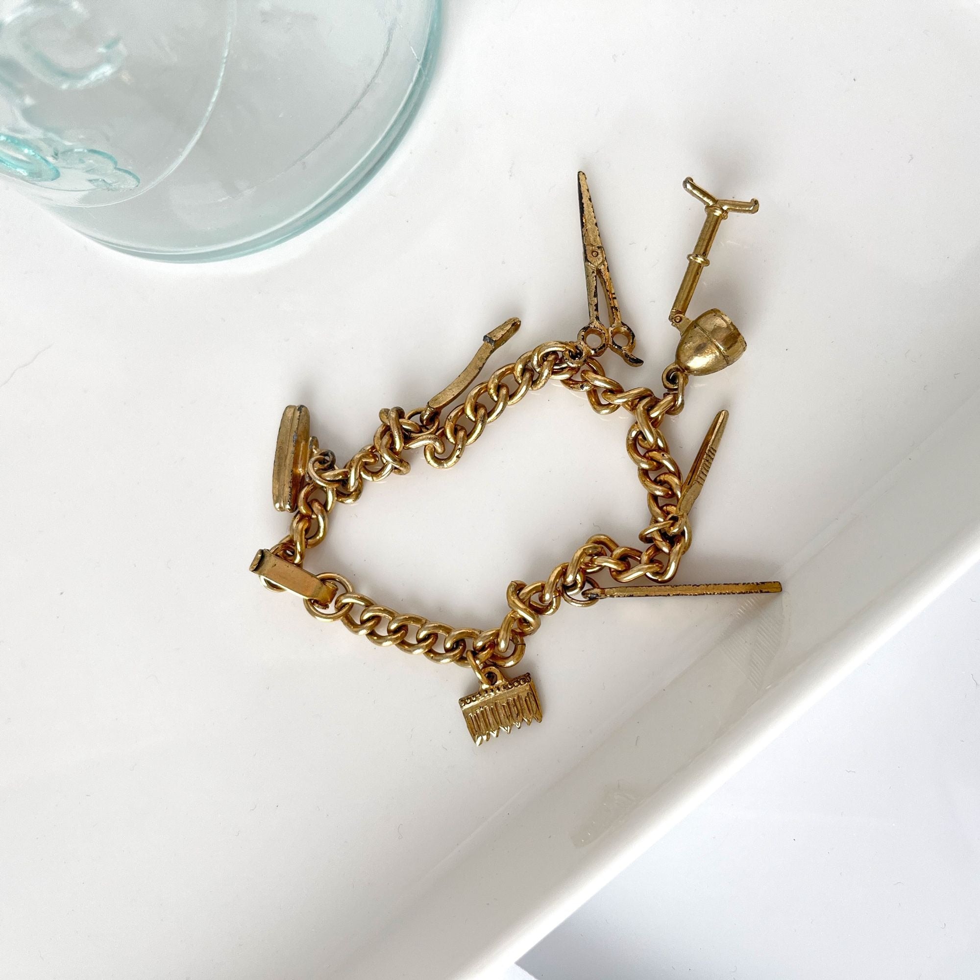 Fun Vintage Hairdresser Gold Tone Charm Bracelet 1950s