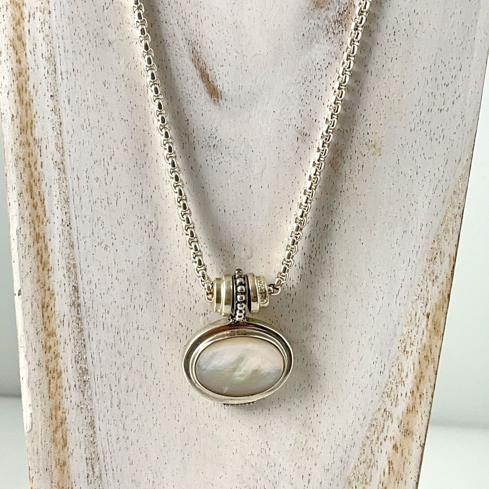 Mother of Pearl Amulet Pendant Silver Plated Necklace