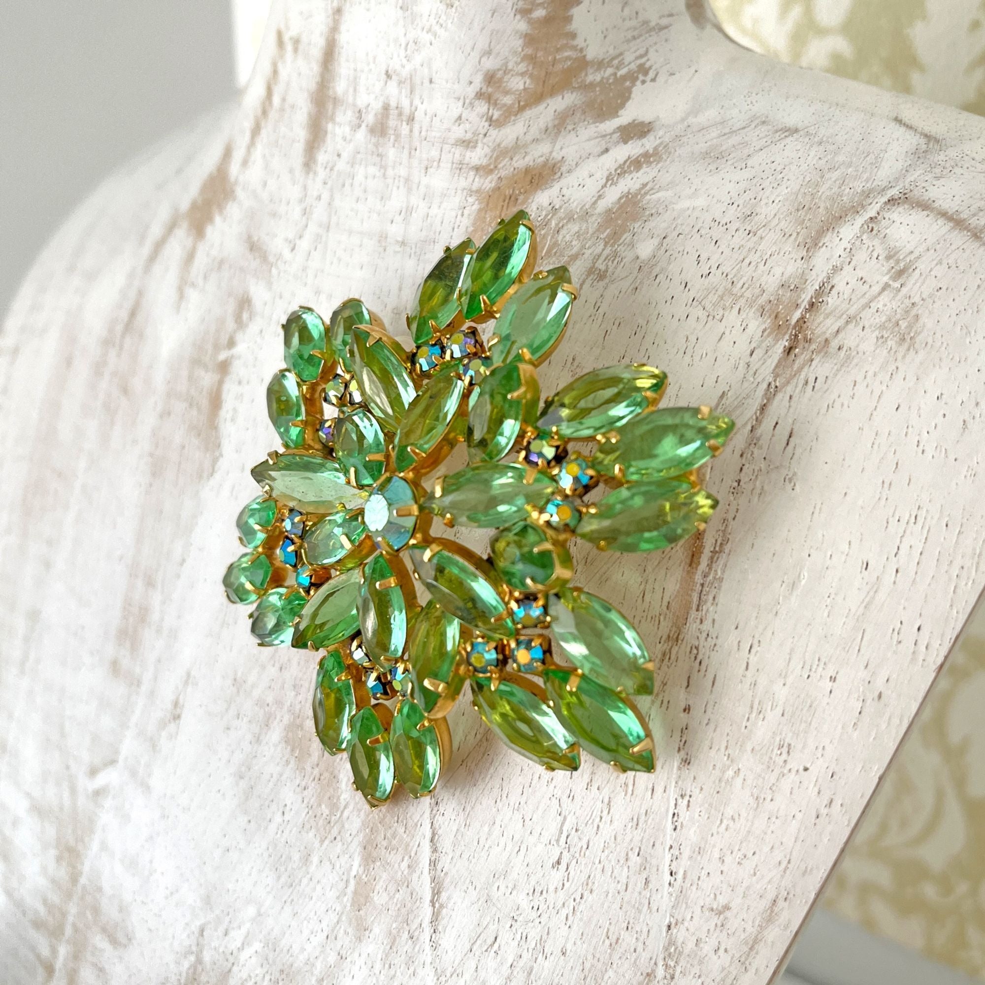 Giant Green Vintage Rhinestone Brooch Navette Marquise Dimensional Brooch Pin