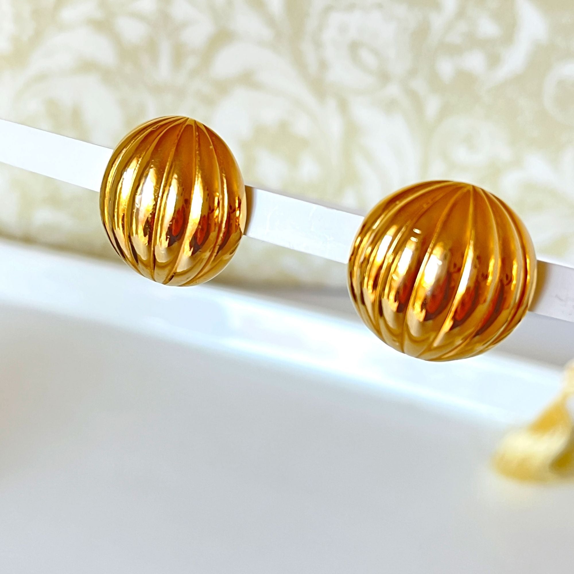 Large Vintage Monet Clip Ball Chunky Gold Tone Earrings