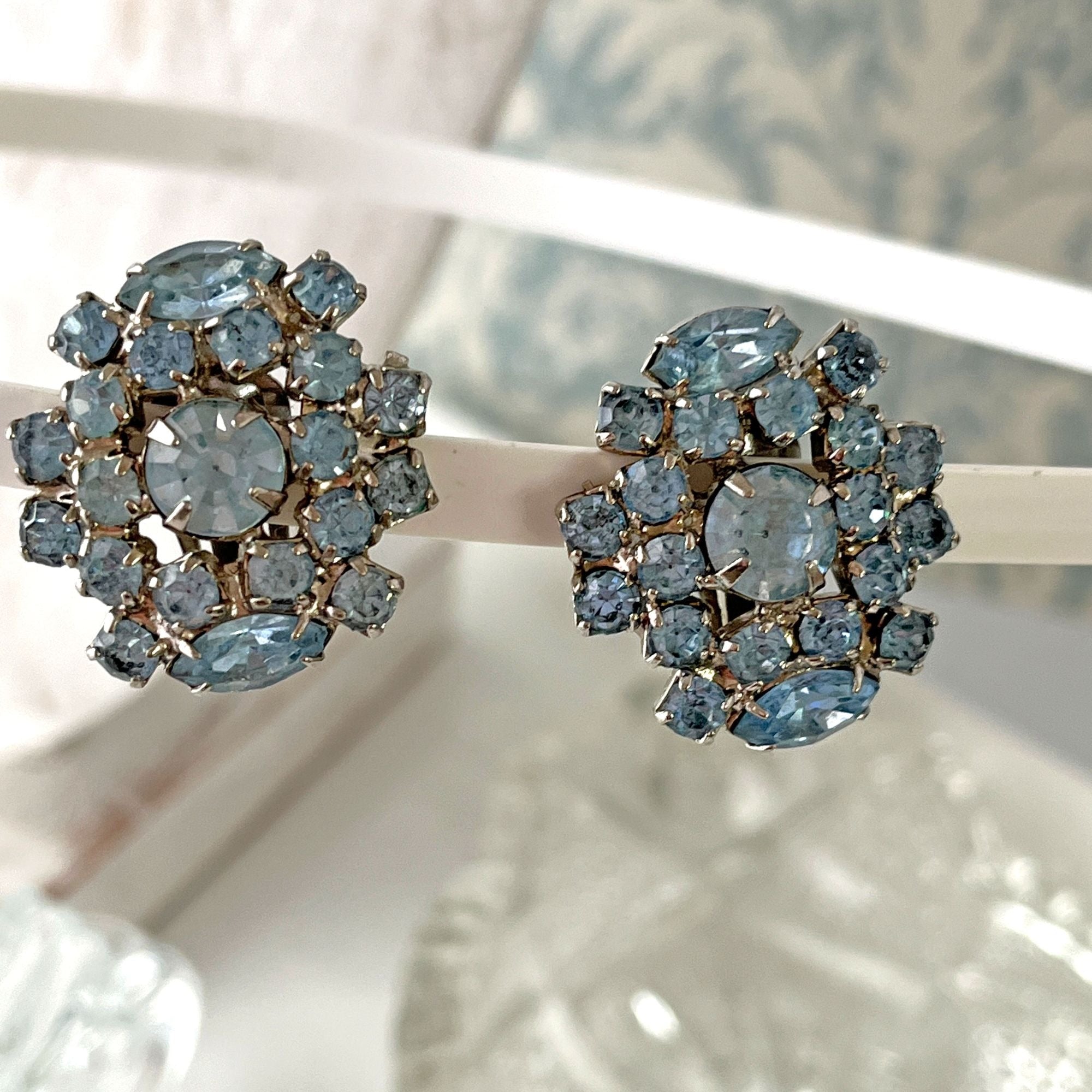 Large Vintage Garme Blue Rhinestone 1950s Fancy Dress Starburst Earrings