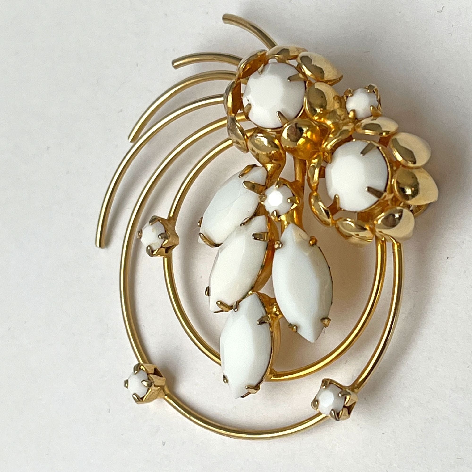 Vintage Gold Tone and Milk Glass Floral Spray Abstract Brooch Pin