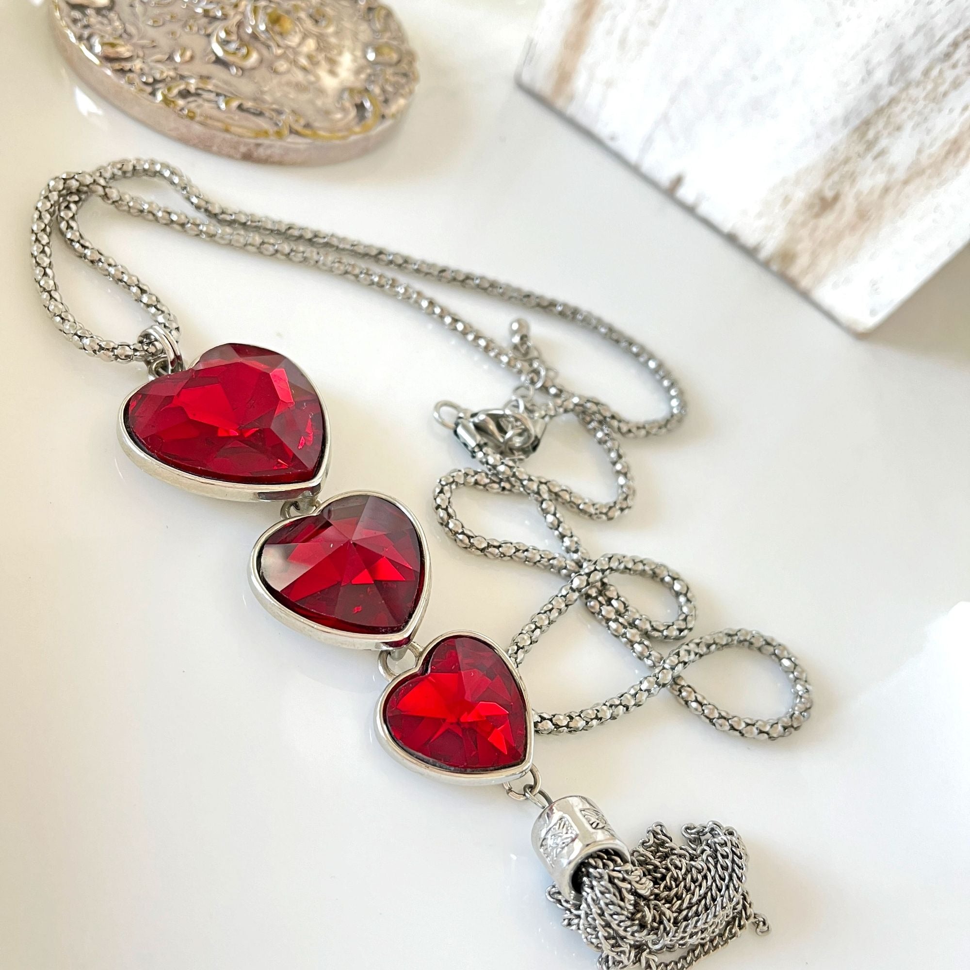 Wow Three Large Red Crystal Heart Necklace