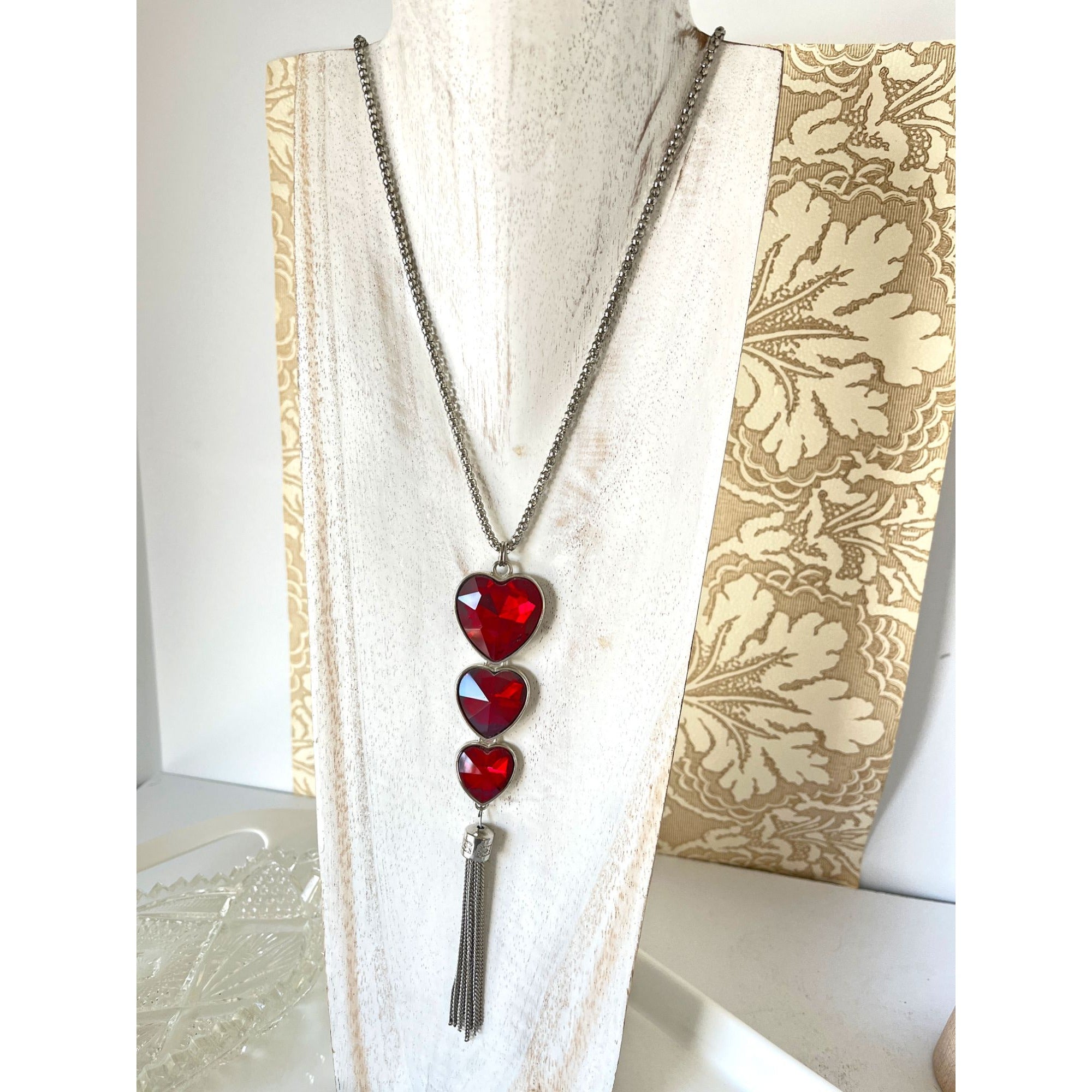 Wow Three Large Red Crystal Heart Necklace