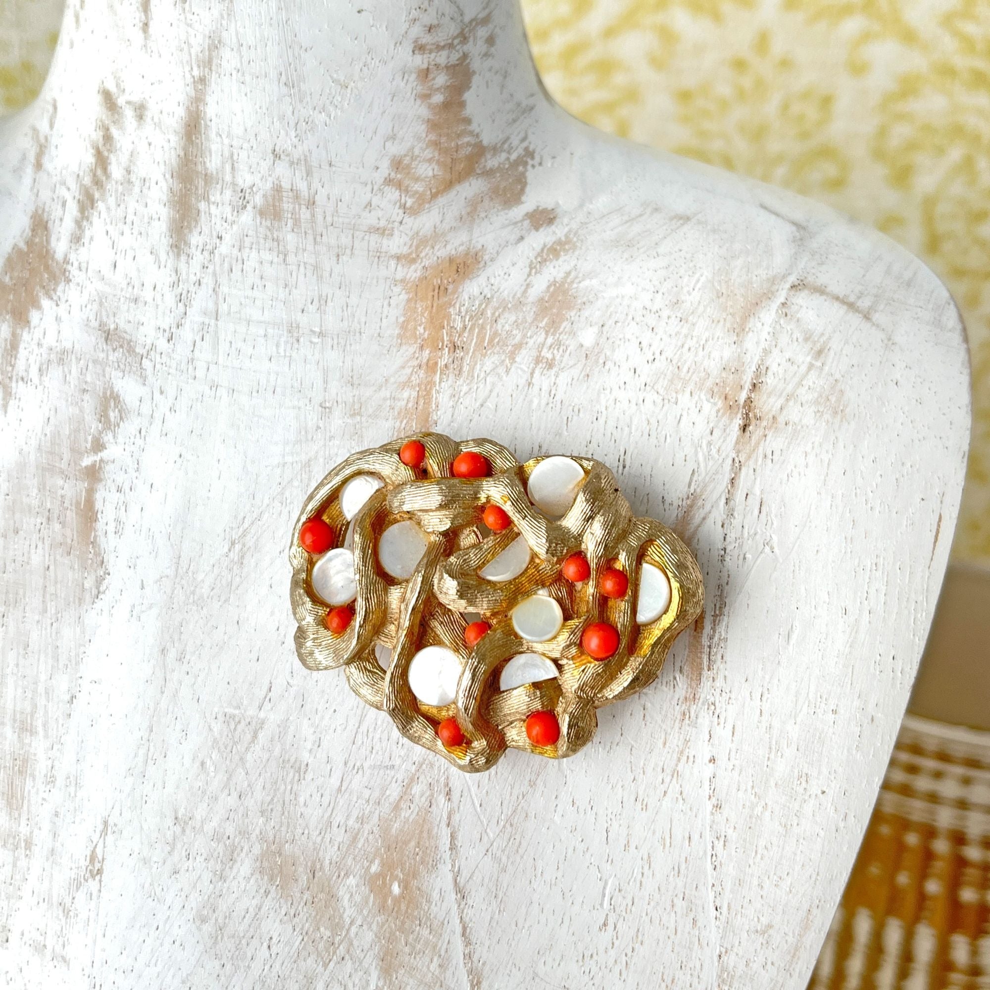 Vintage Abstract Faux Coral Gold Tone Brooch Pin 1960s Sarah Coventry