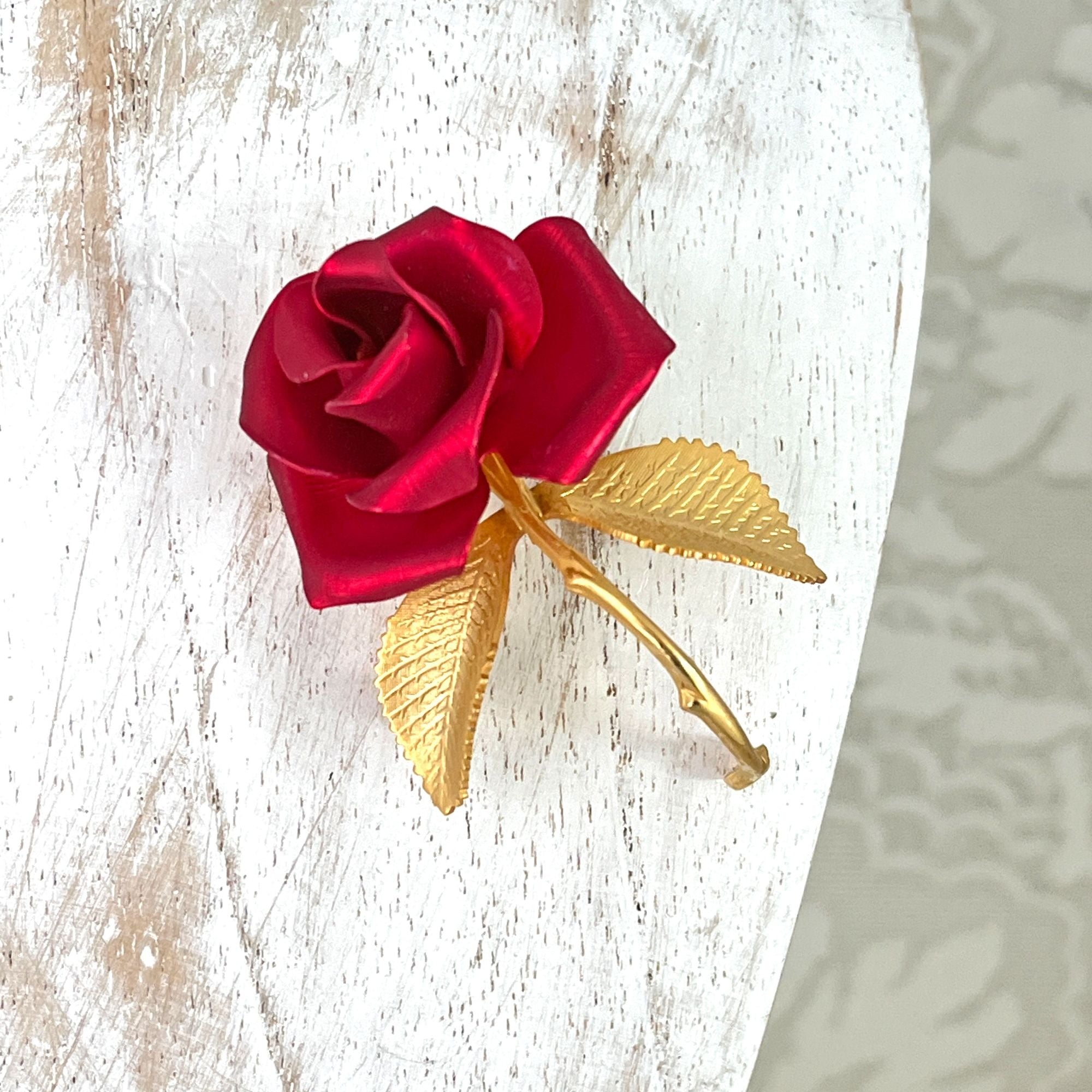 Vintage Gold and Red Rose Brooch Pin Valentine's Day 1990s