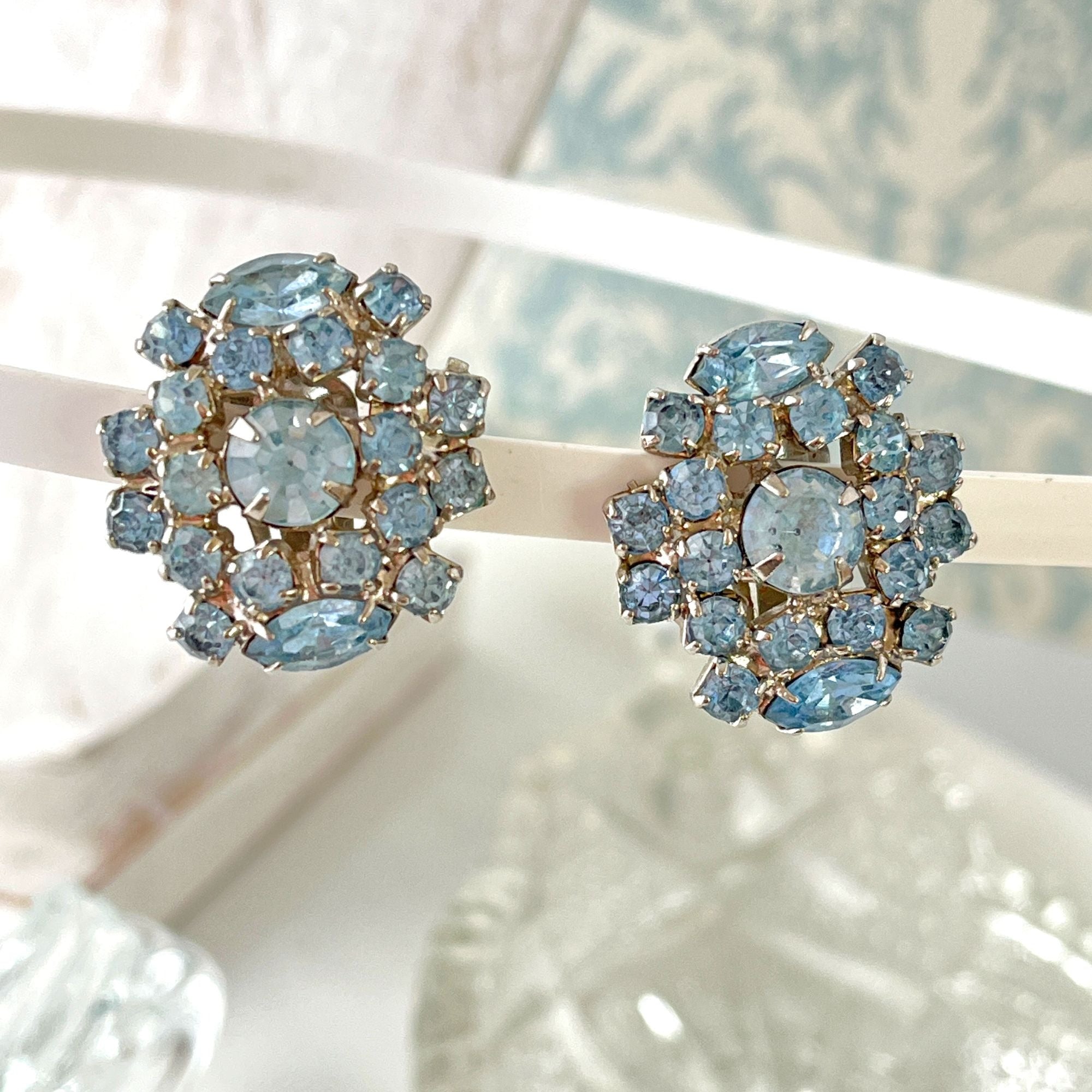 Large Vintage Garme Blue Rhinestone 1950s Fancy Dress Starburst Earrings