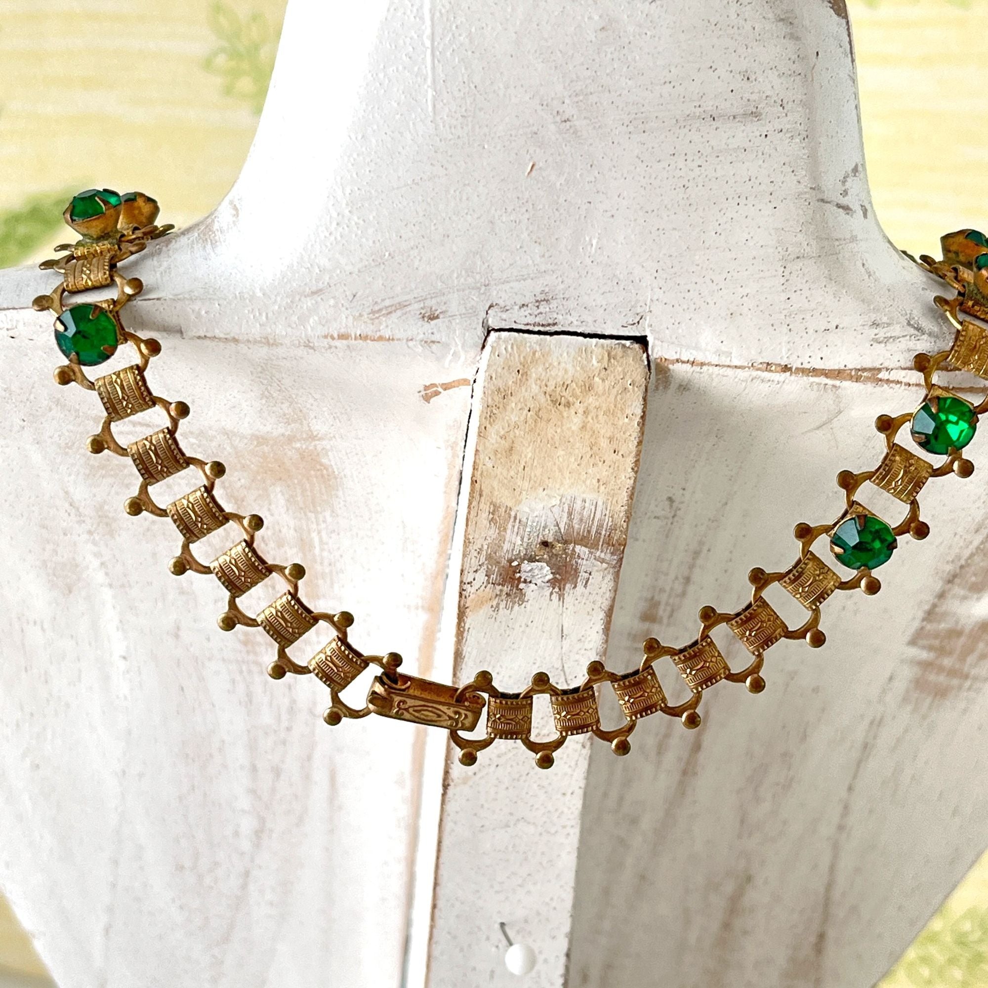 Delicate Antique Gold Victorian Emerald Rhinestone Collar Necklace 1910s