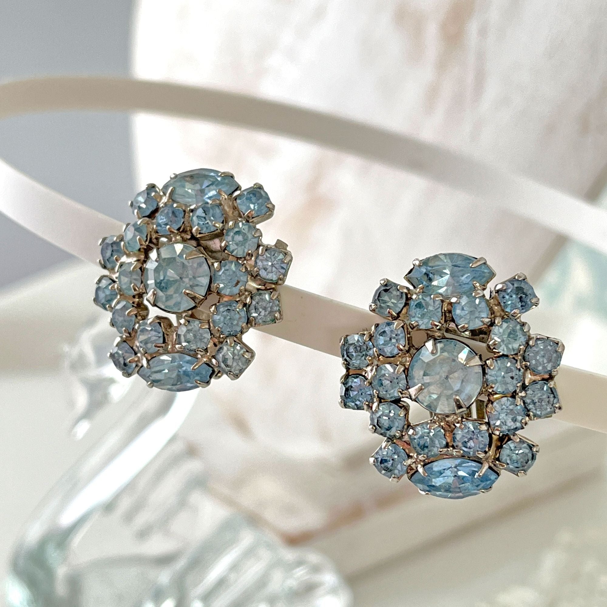 Large Vintage Garme Blue Rhinestone 1950s Fancy Dress Starburst Earrings