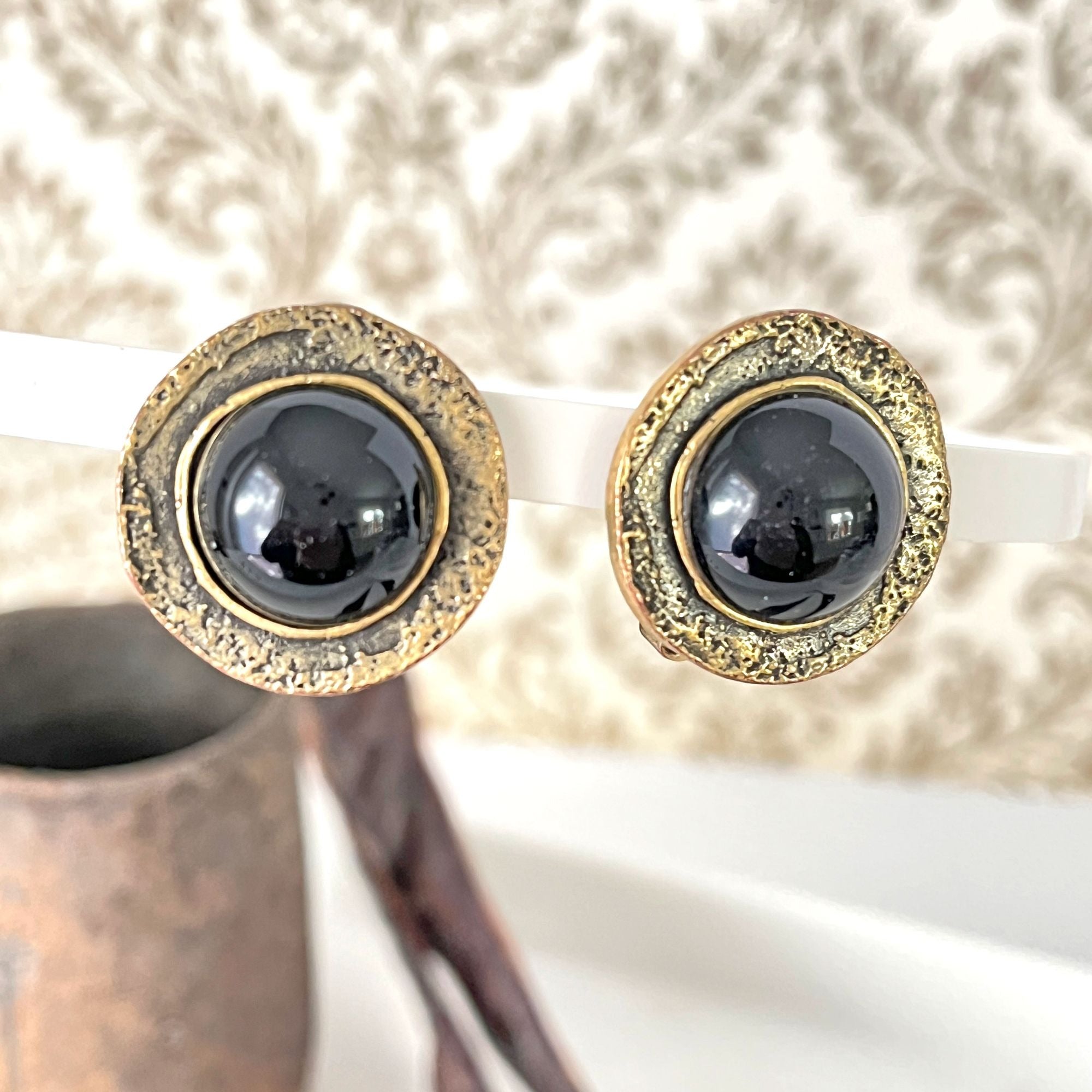 Charming Vintage Antiqued Gold Tone and Black Glass Coin Earrings