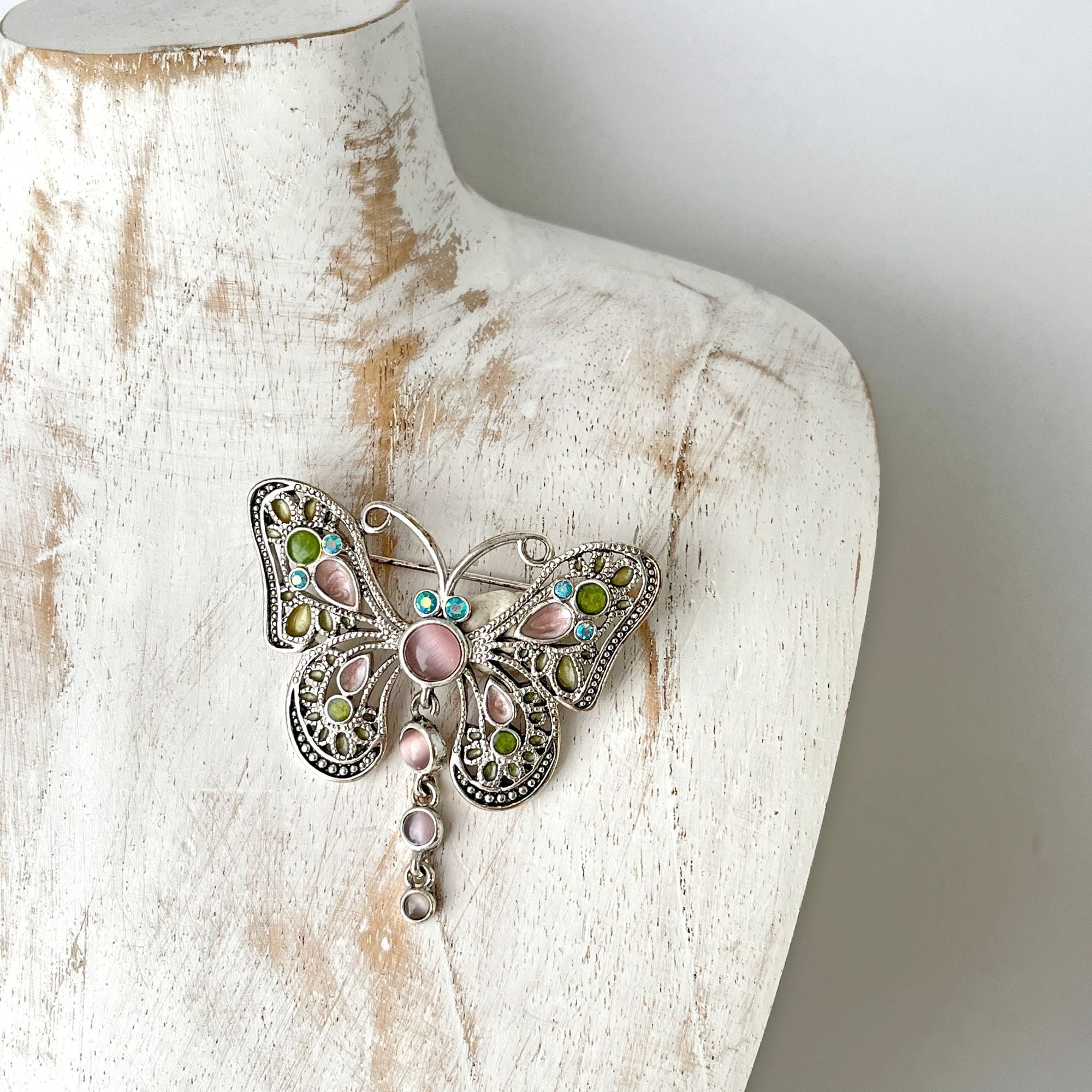 Pretty Pink Silver Green Dangling Open Work Butterfly Brooch Pin