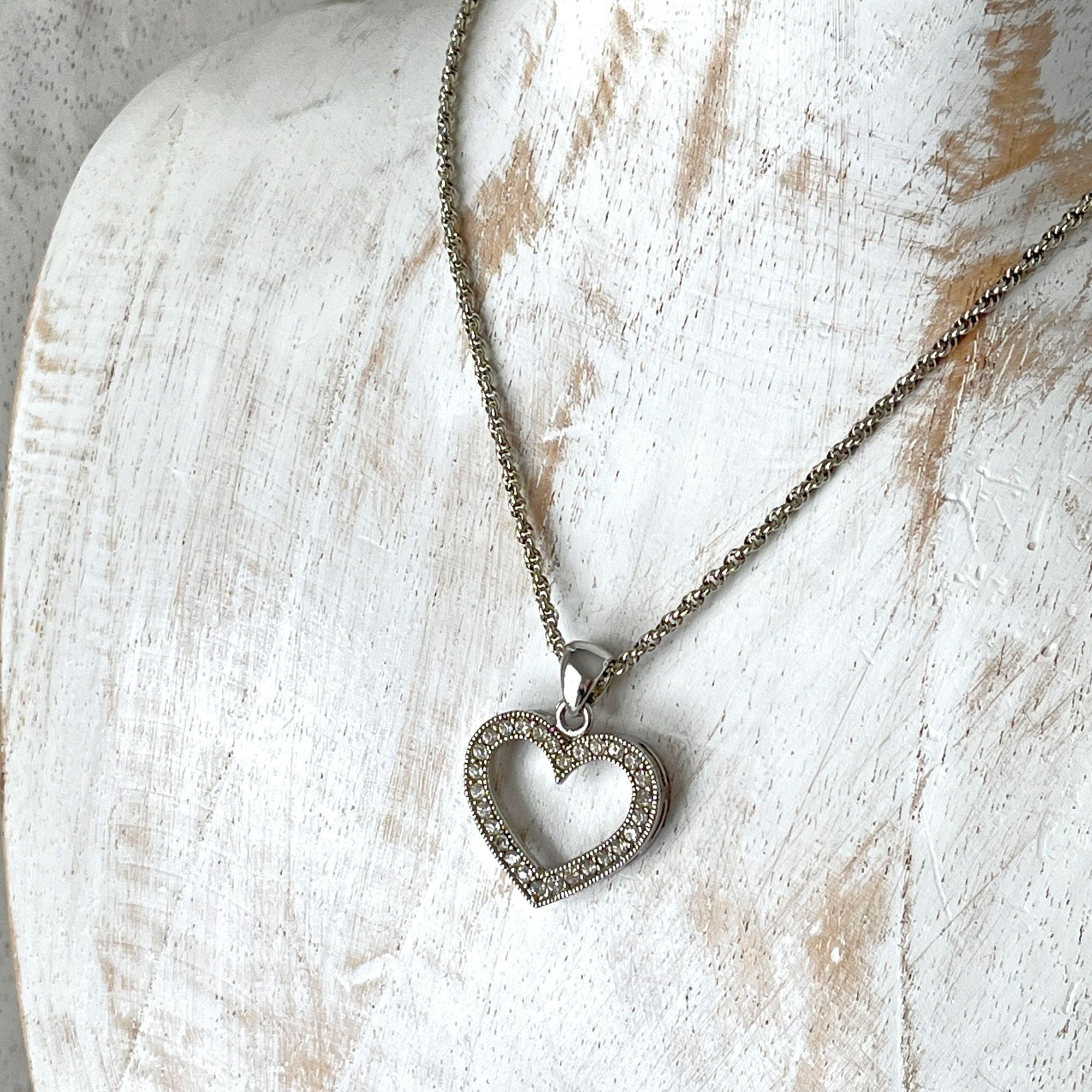 Vintage Silver Tone Open Heart Rhinestone Necklace