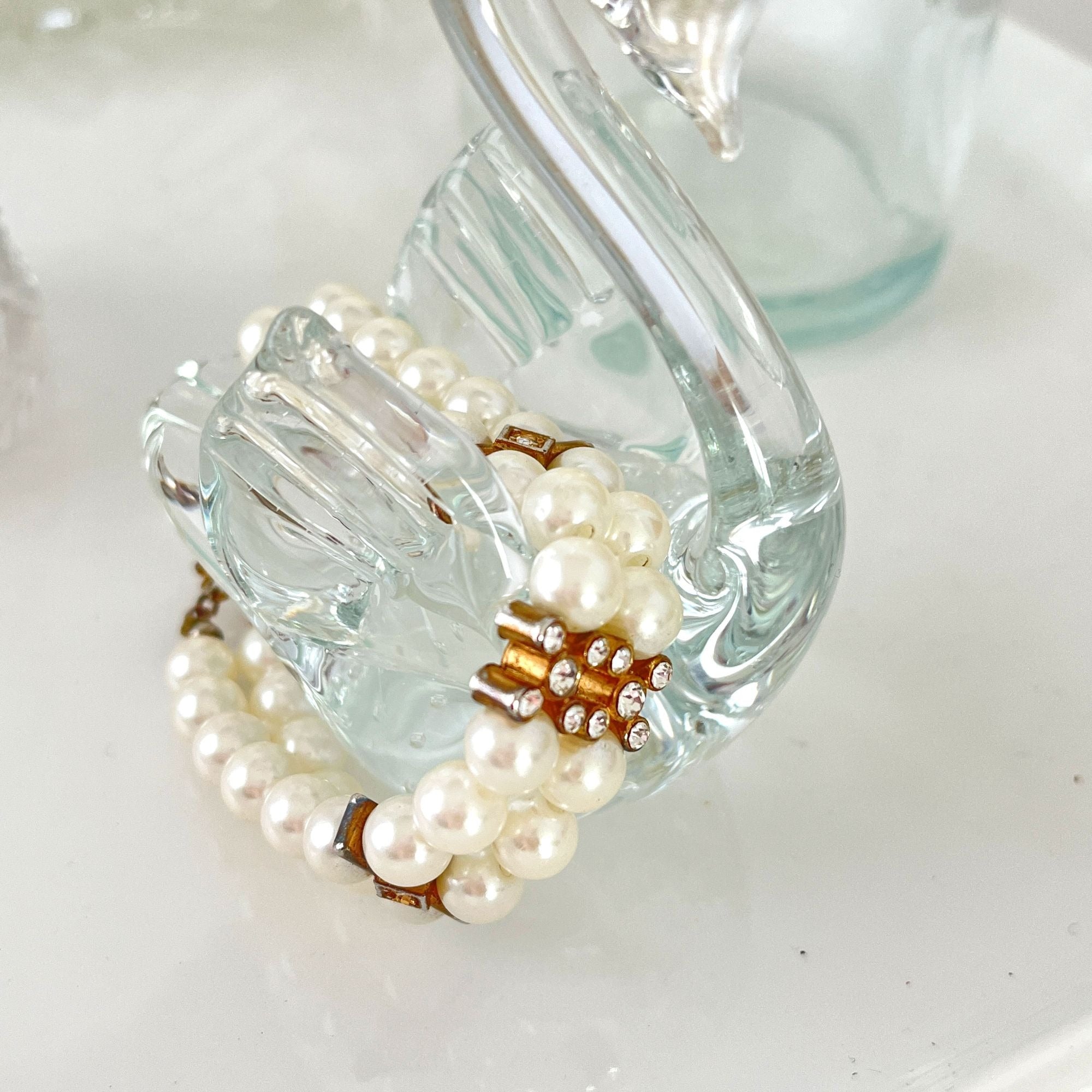 Pretty Vintage Faux Pearl Rhinestone Bracelet Double