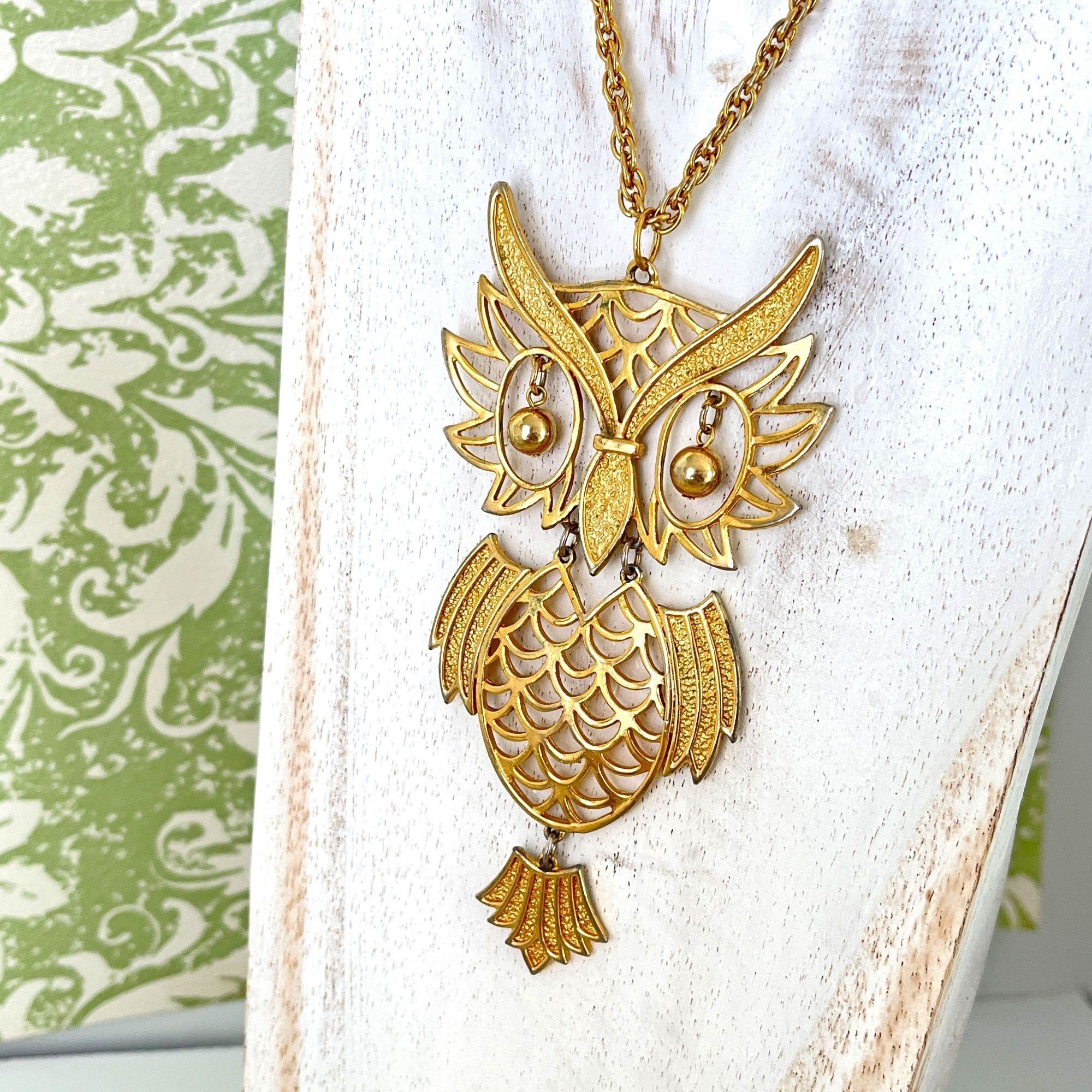 Large 1960s Vintage Owl Bird Statement Gold Tone Necklace