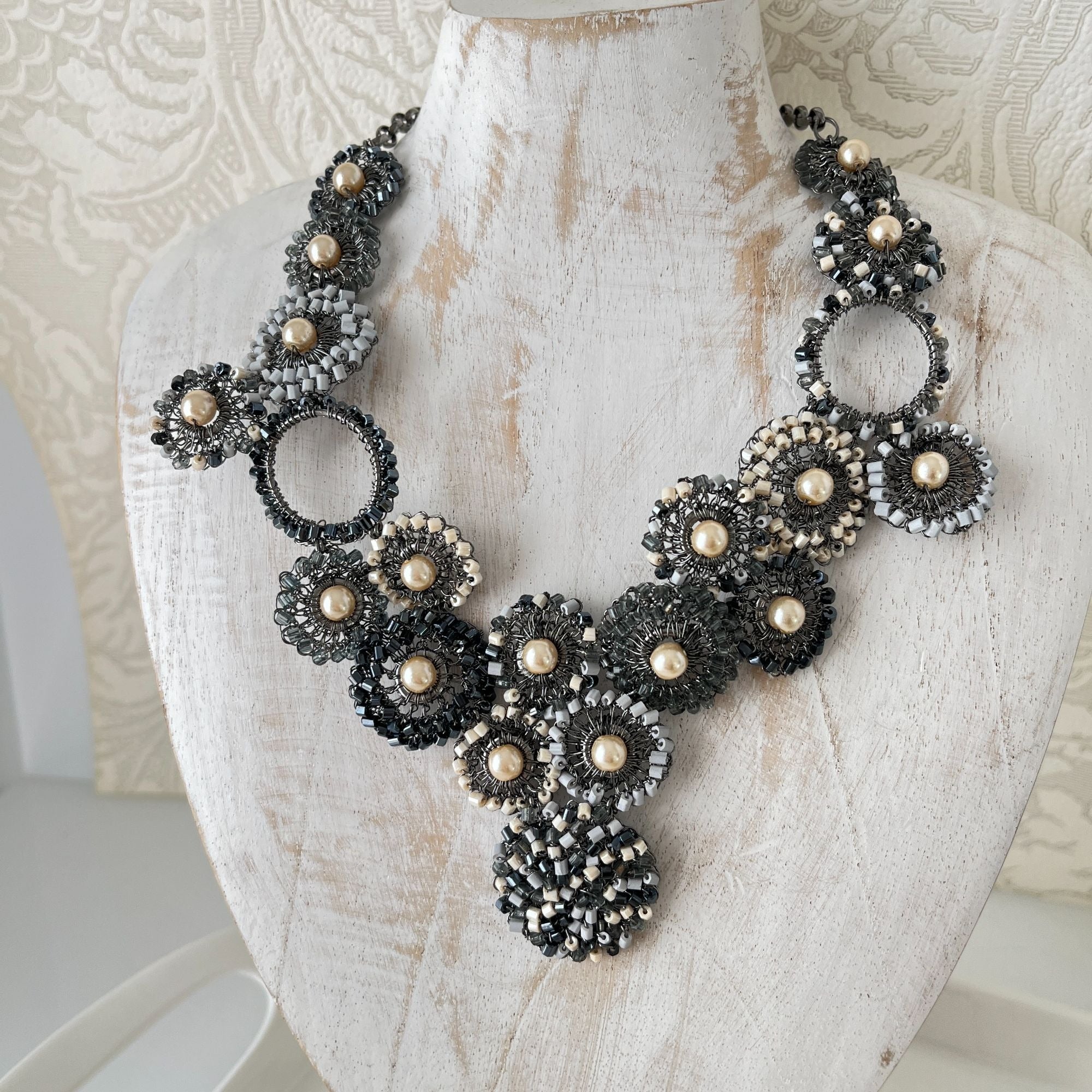 Lavish Statement Black White Gray Beaded Bib Necklace by Tricia Milaneze