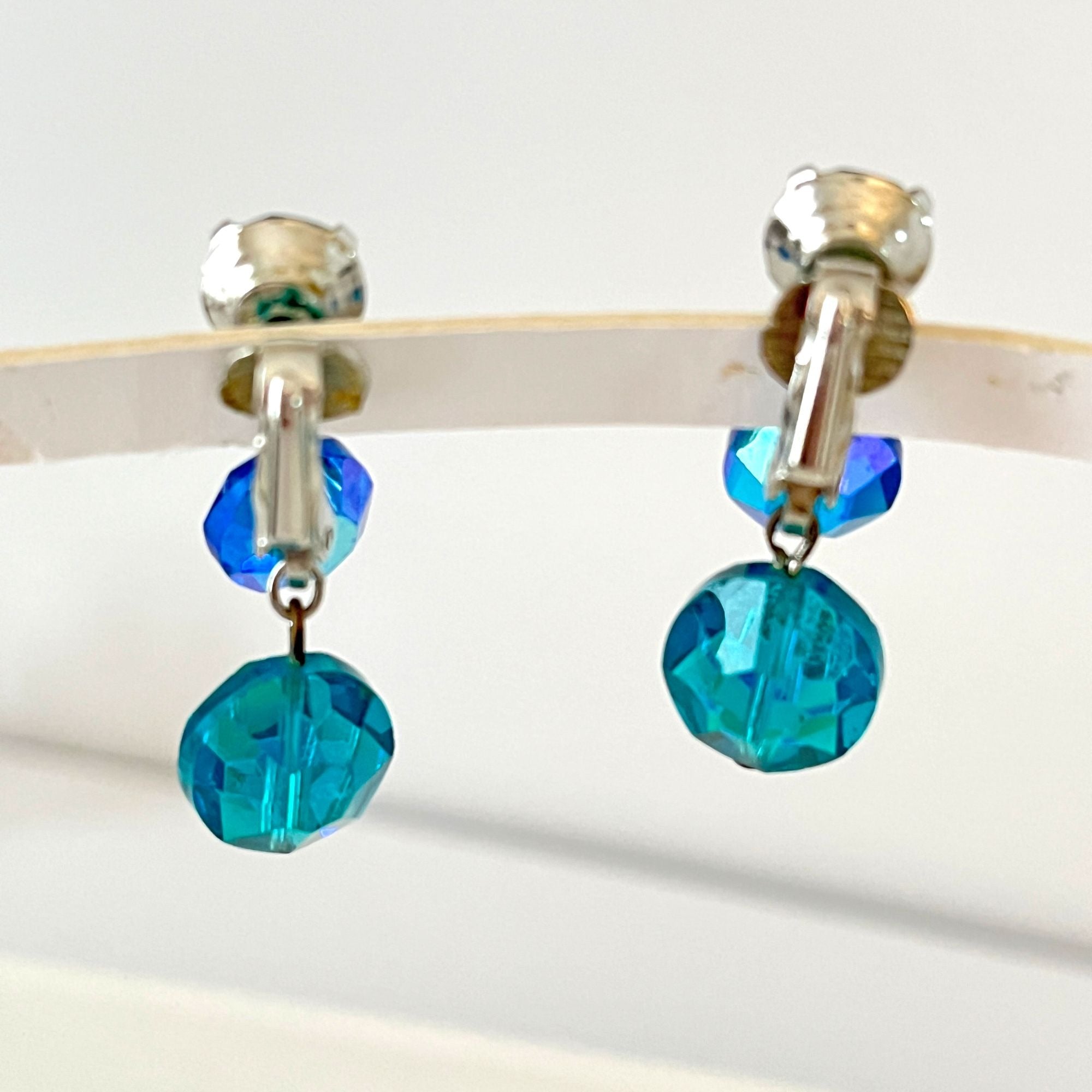 Vintage Aqua and Blue Aurora Borealis Crystal Clip Dangle Earrings