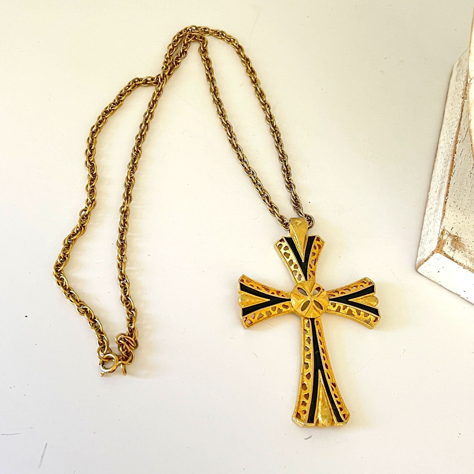 Stunning Large Vintage Crucifix Gold Tone Black Enamel 70s