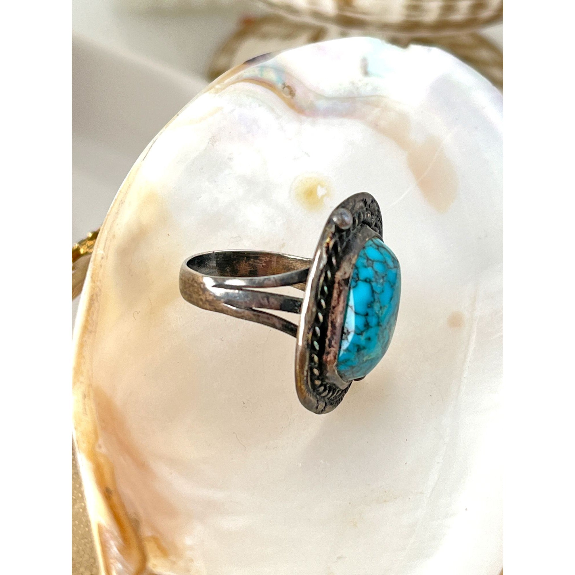 Large Vintage Estate Native American Blue Turquoise Silver Ring Size 9 1940s 1950s