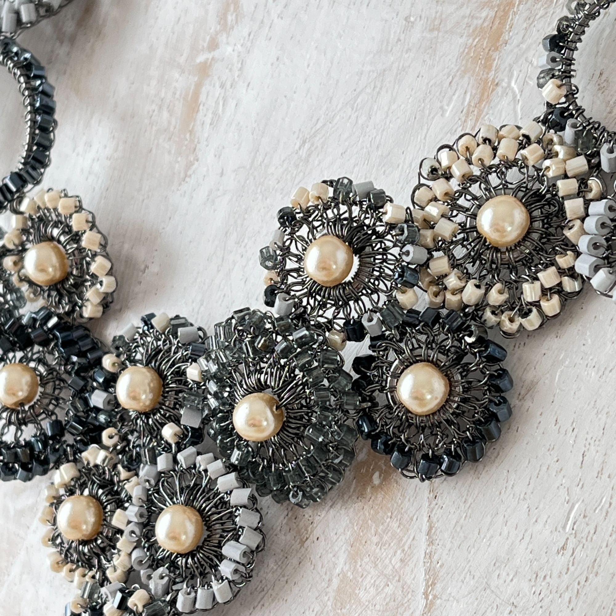 Lavish Statement Black White Gray Beaded Bib Necklace by Tricia Milaneze