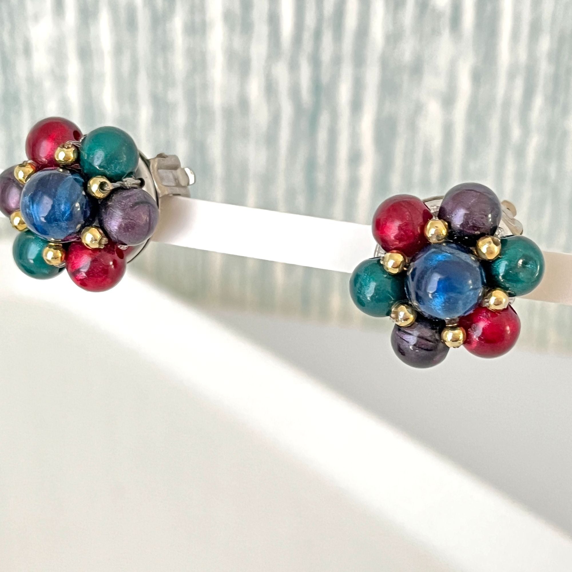 Vintag Multi Jewel Tone Bead Clip On Earrings 1950s