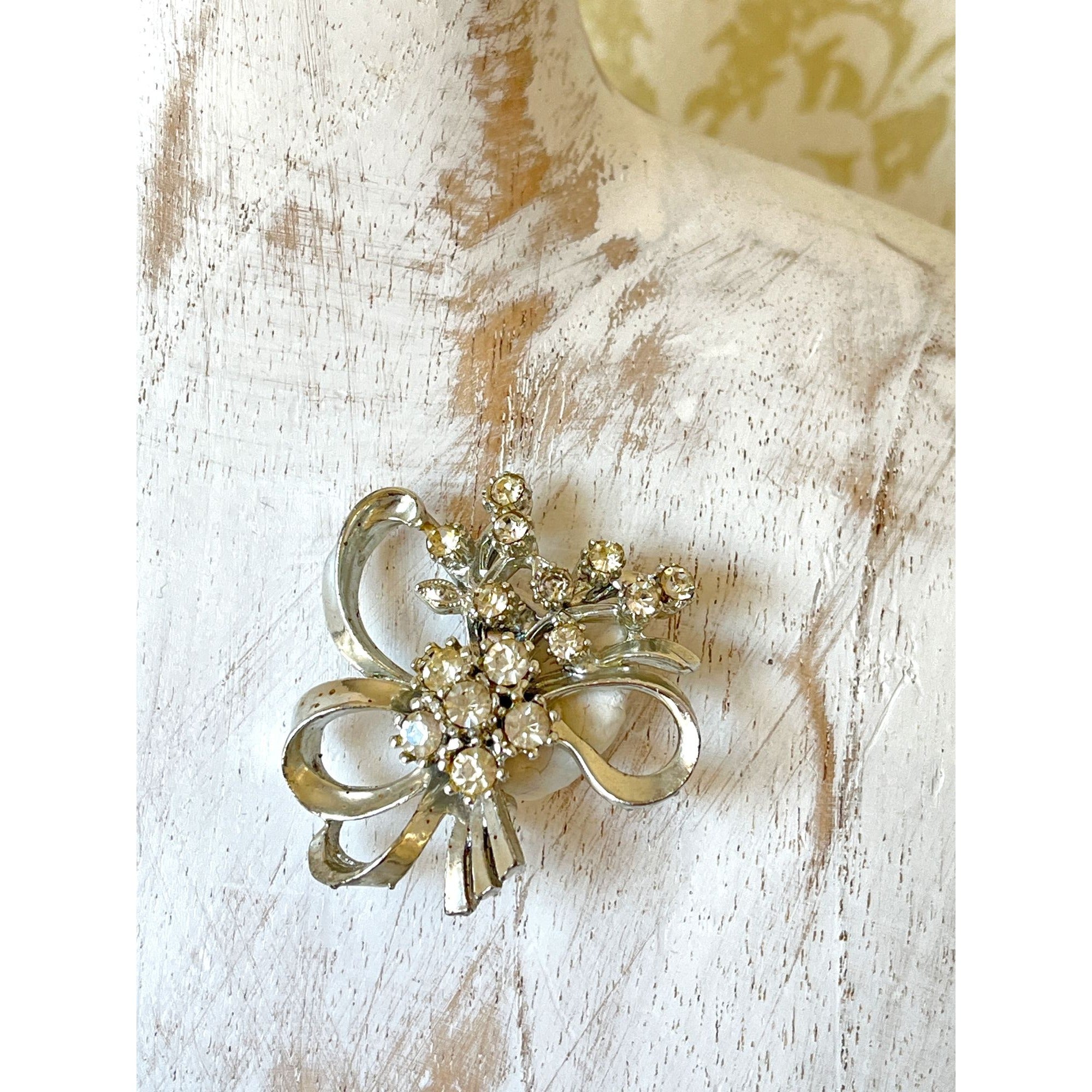 Vintage Floral Bow Rhinestone Brooch