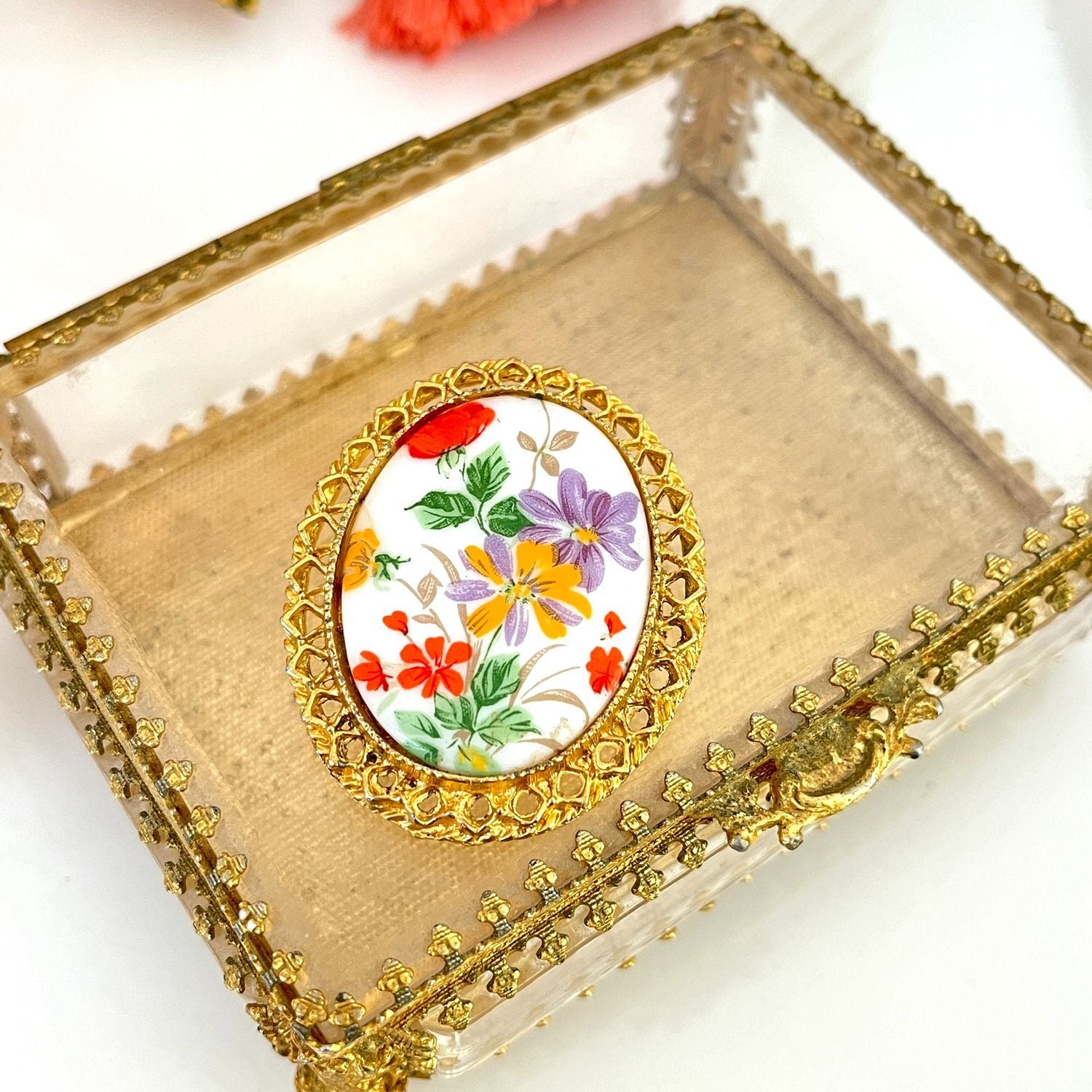 Vintage Porcelain Floral 1960s Flower Power Brooch Pin