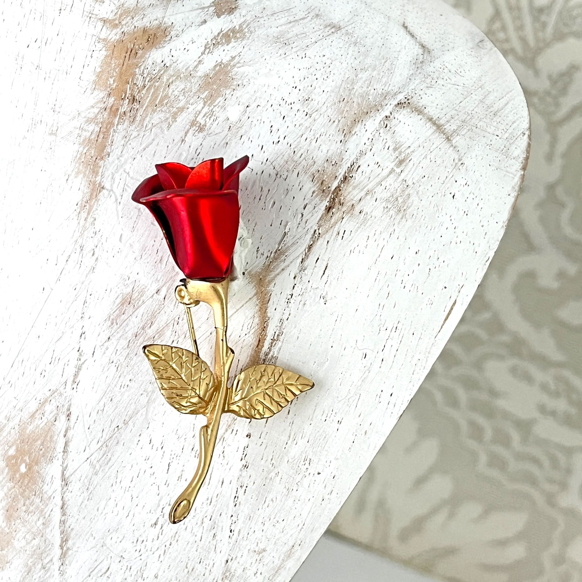 Vintage Red Rose Love Floral Brooch Pin