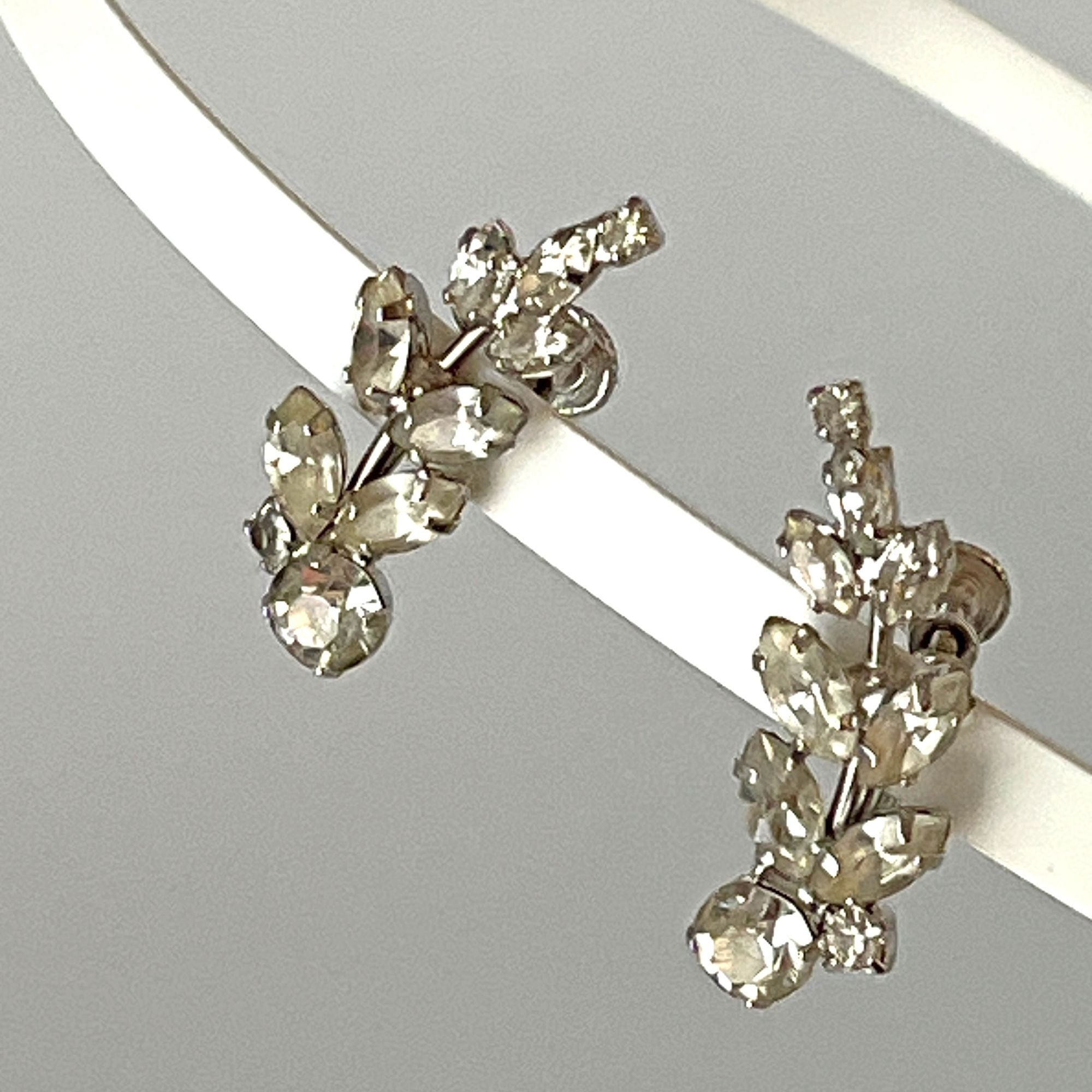 Vintage Clear Rhinestone Floral Spray Earrings Wedding Signed Weiss