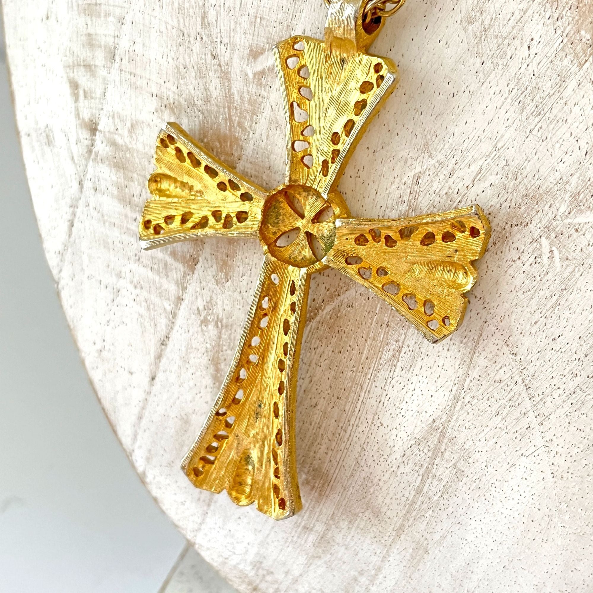 Stunning Large Vintage Crucifix Gold Tone Black Enamel 70s