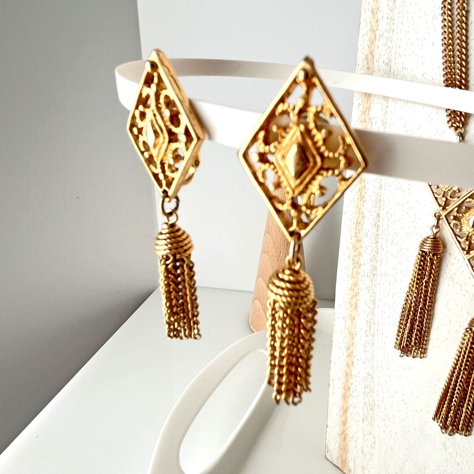 Vintage Gold Tone Tassel Necklace and Earrings Set 1960s Sarah Coventry