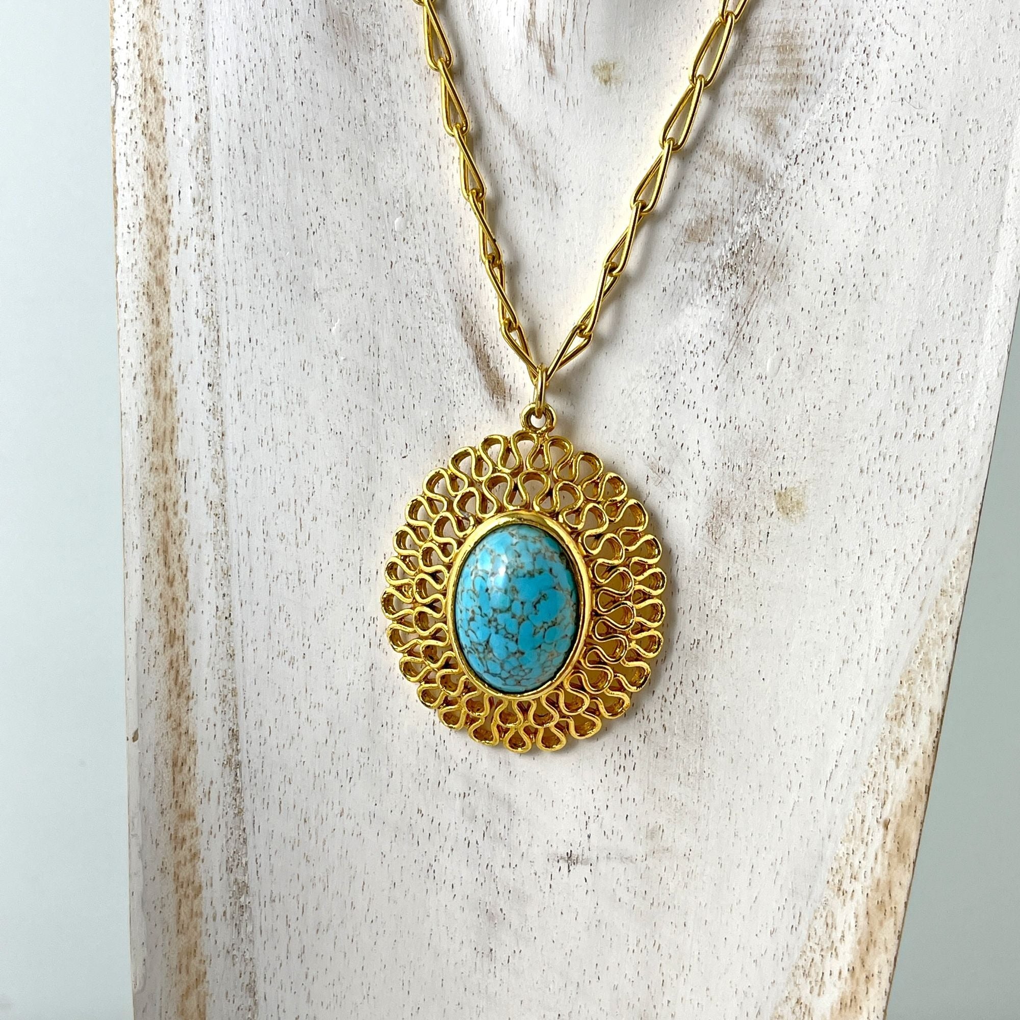 1960s Vintage Faux Turquoise Filigree Pendant Necklace