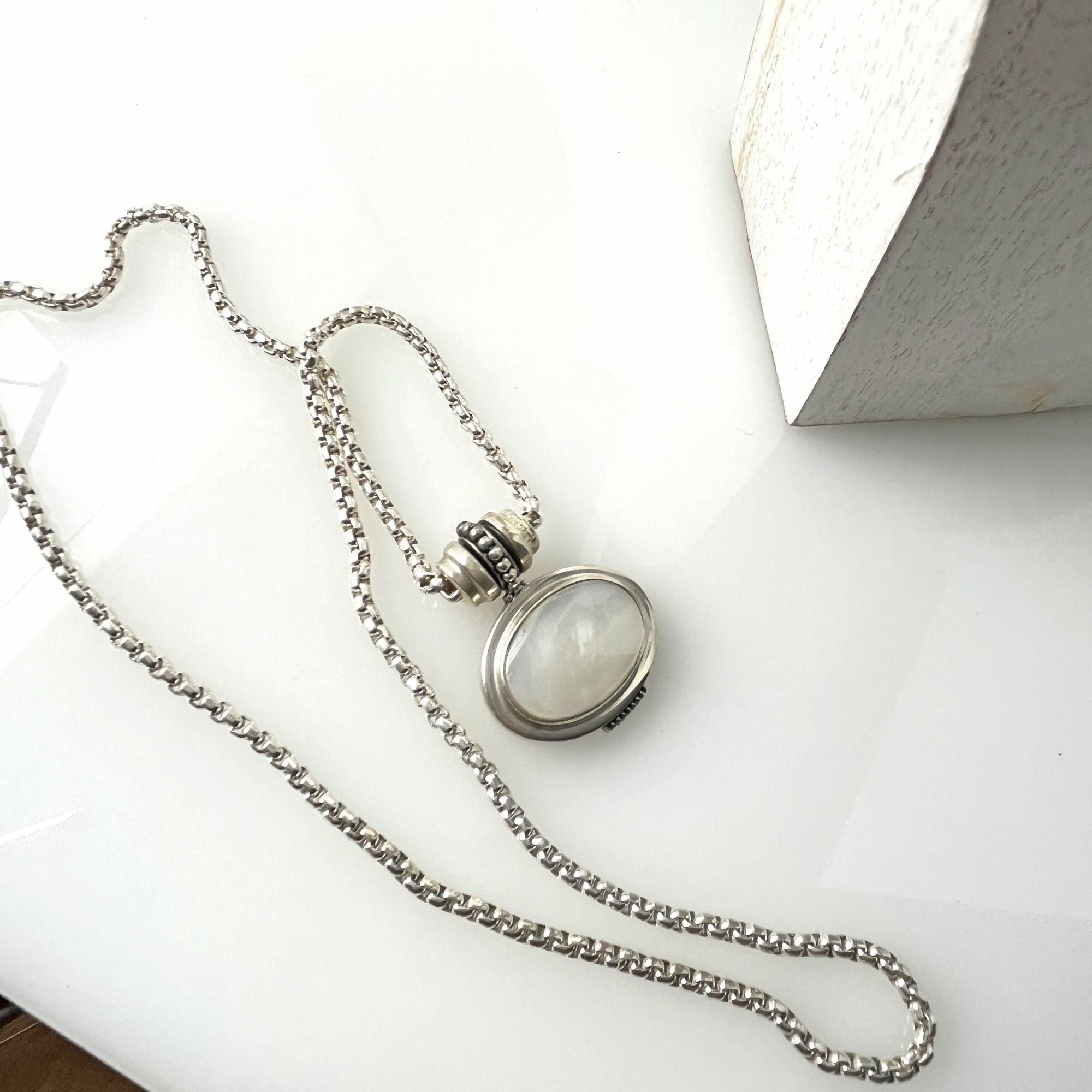 Mother of Pearl Amulet Pendant Silver Plated Necklace