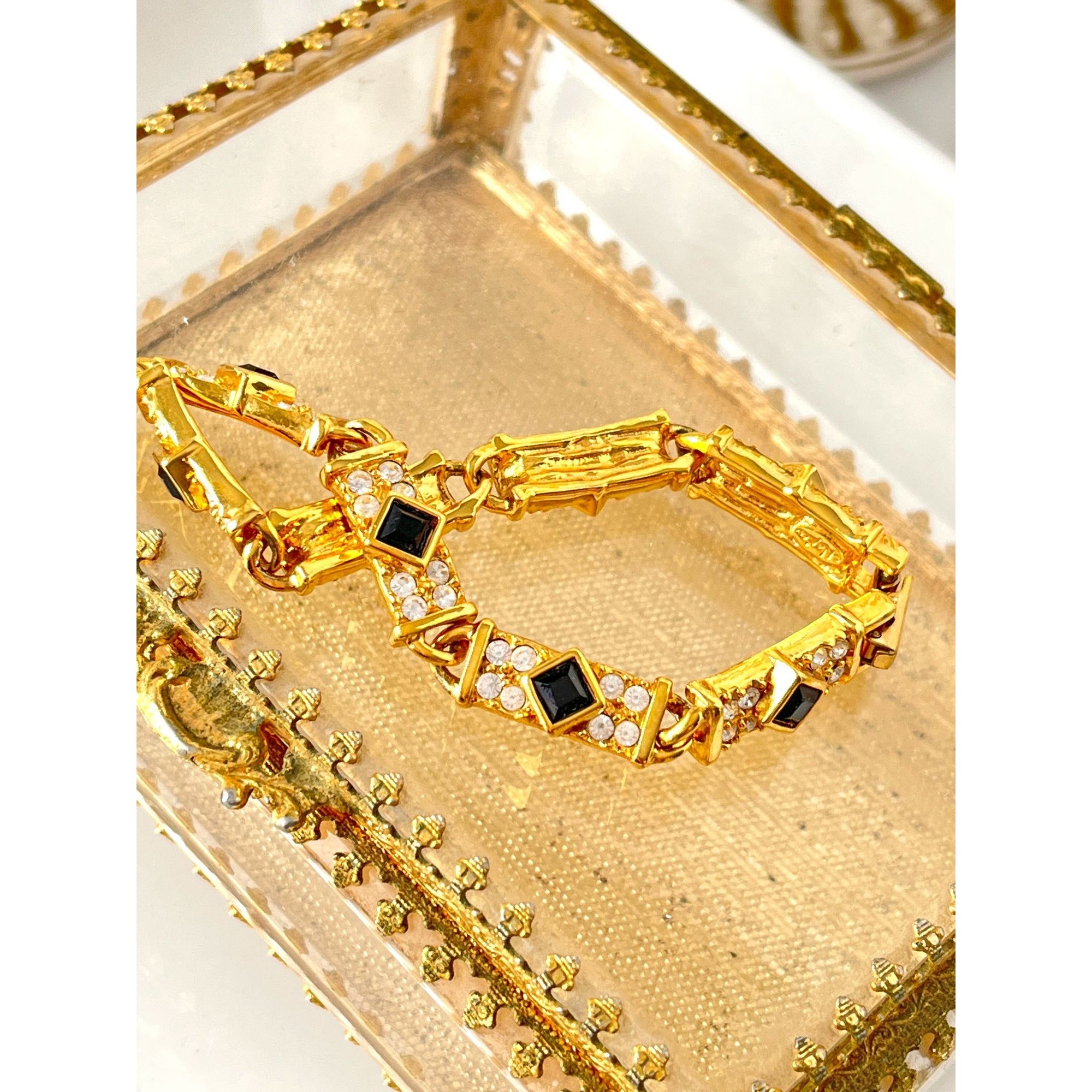 Vintage 1980s 1990s Napier Bracelet Gold Tone, Black and Rhinestones