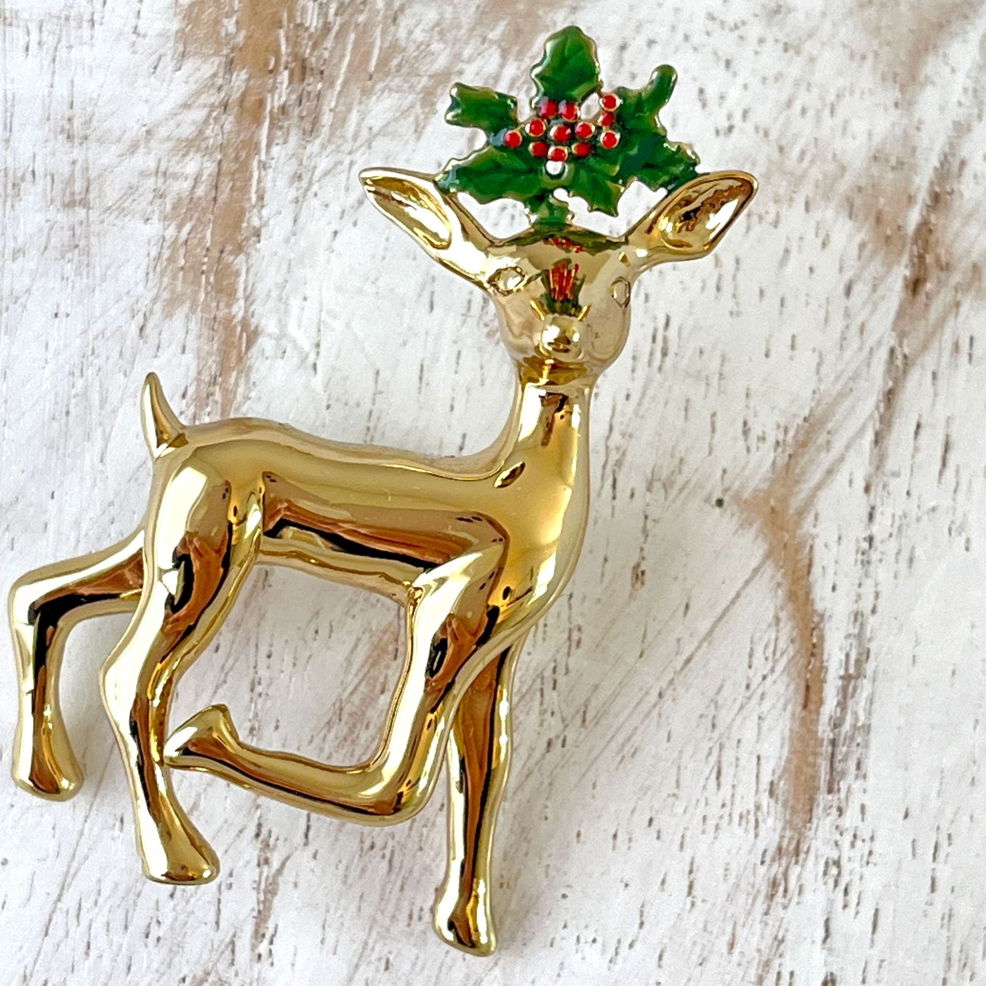 Vintage Prancer Reindeer Polished Gold Tone Christmas Brooch Pin