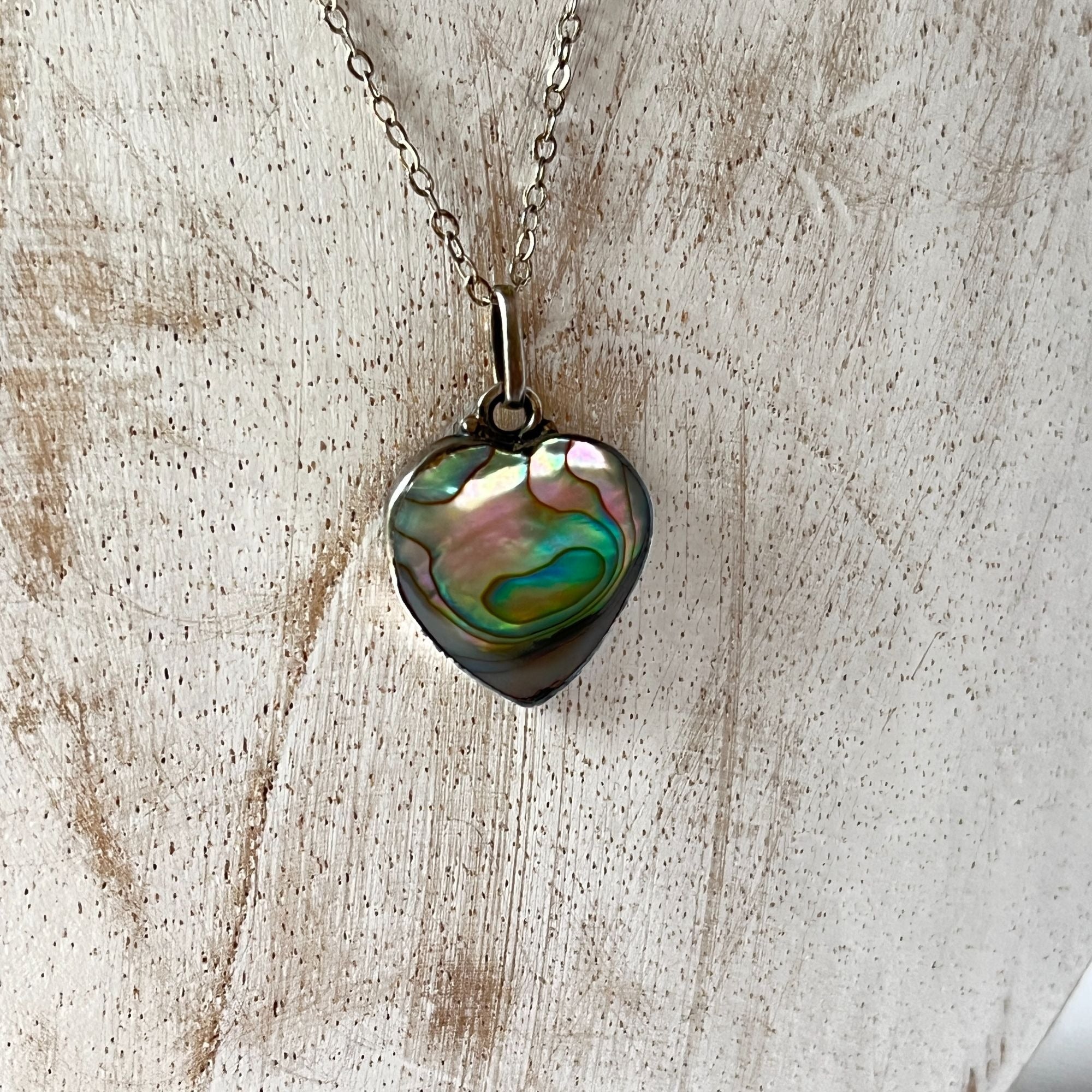 Vintage Mexico Sterling Silver Signed ICM (ILM?) Abalone Shell Heart Necklace