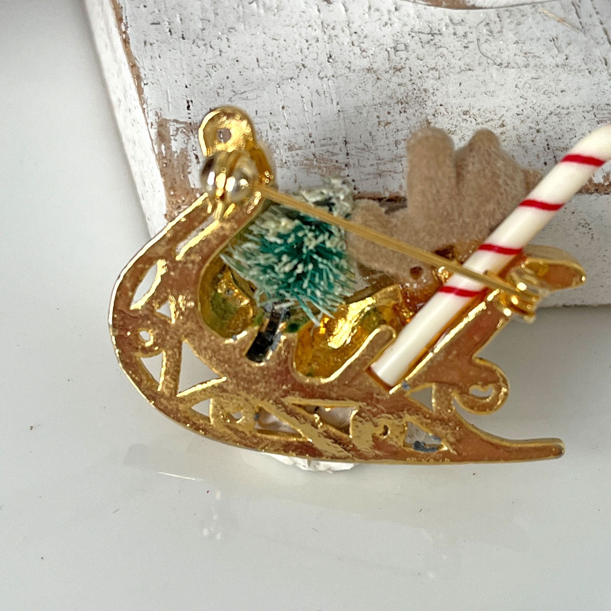 Vintage Fuzzy Teddy Bear Gold Sleigh Christmas Brooch Pin