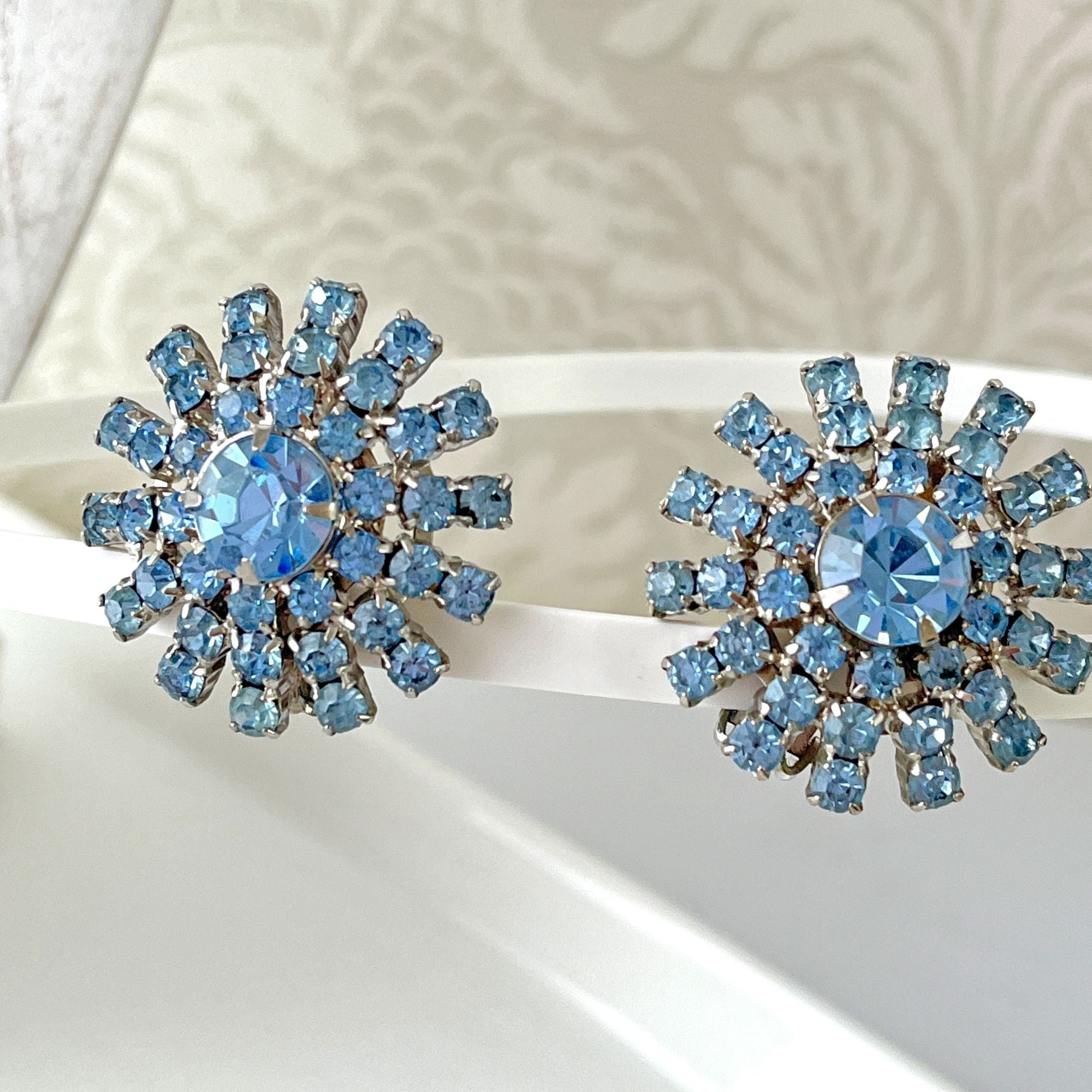 Large Vintage Garme Blue Rhinestone 1950s Fancy Dress Starburst Earrings