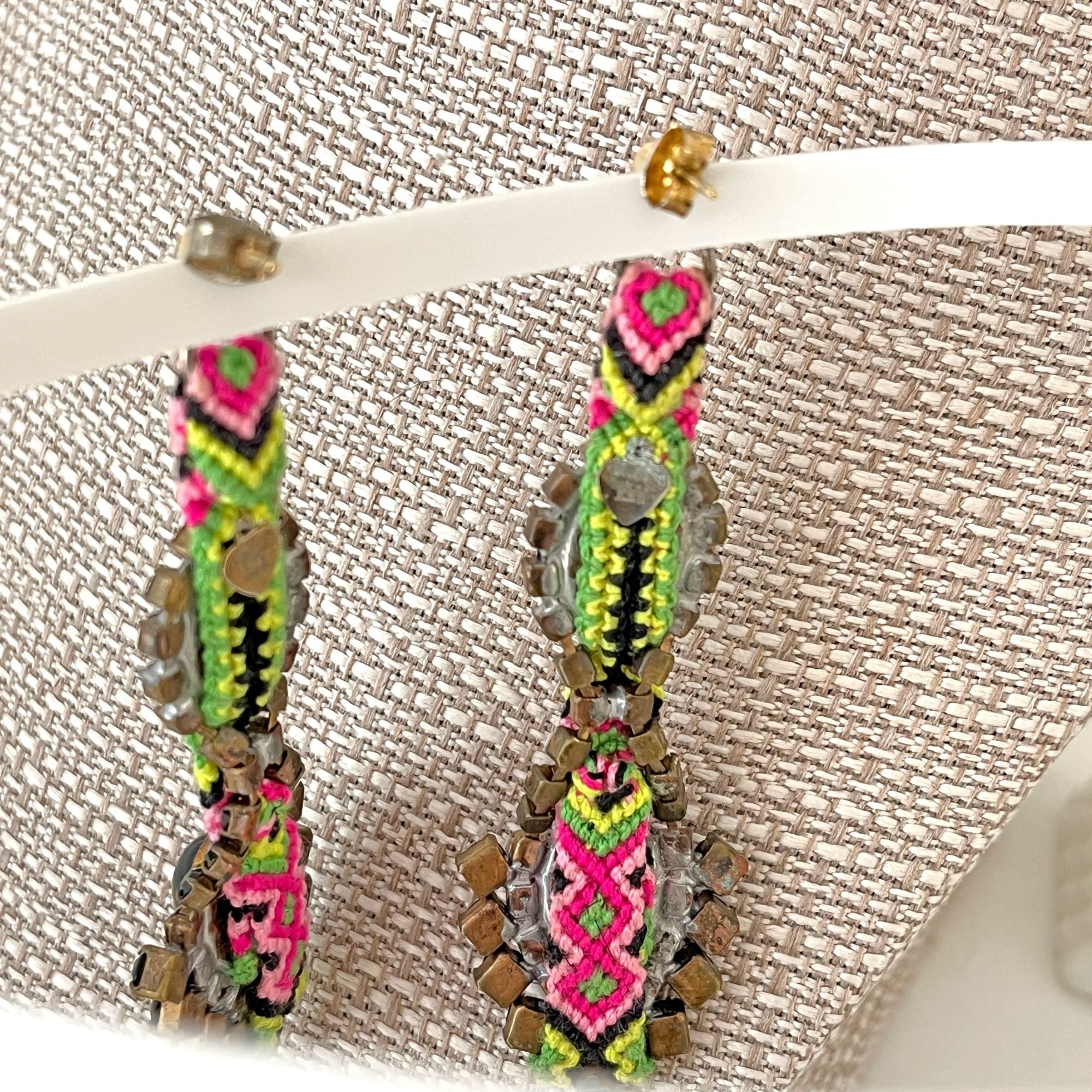 Vintage Signed Native American Weaving Rhinestone Earrings Black Pink Green