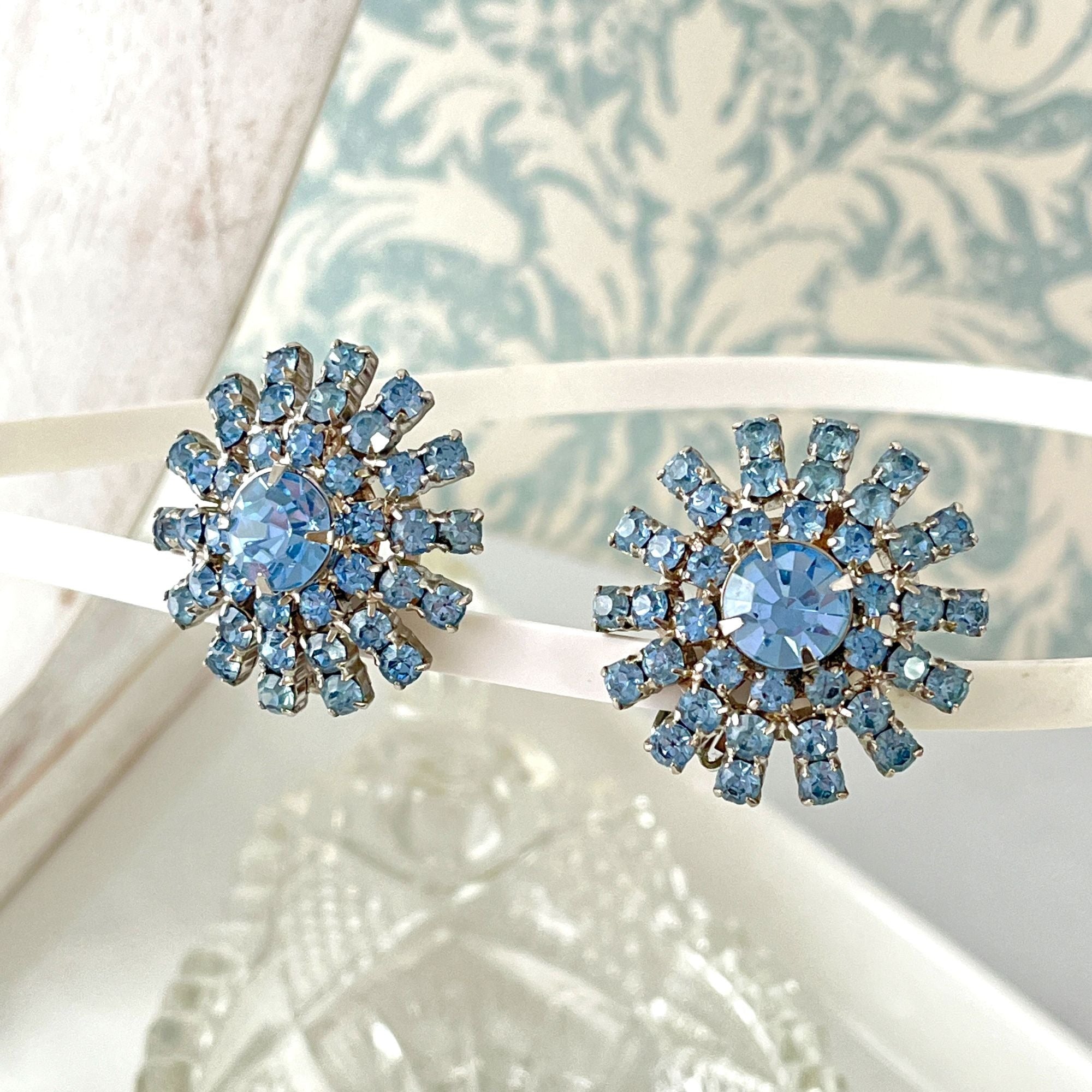 Large Vintage Garme Blue Rhinestone 1950s Fancy Dress Starburst Earrings