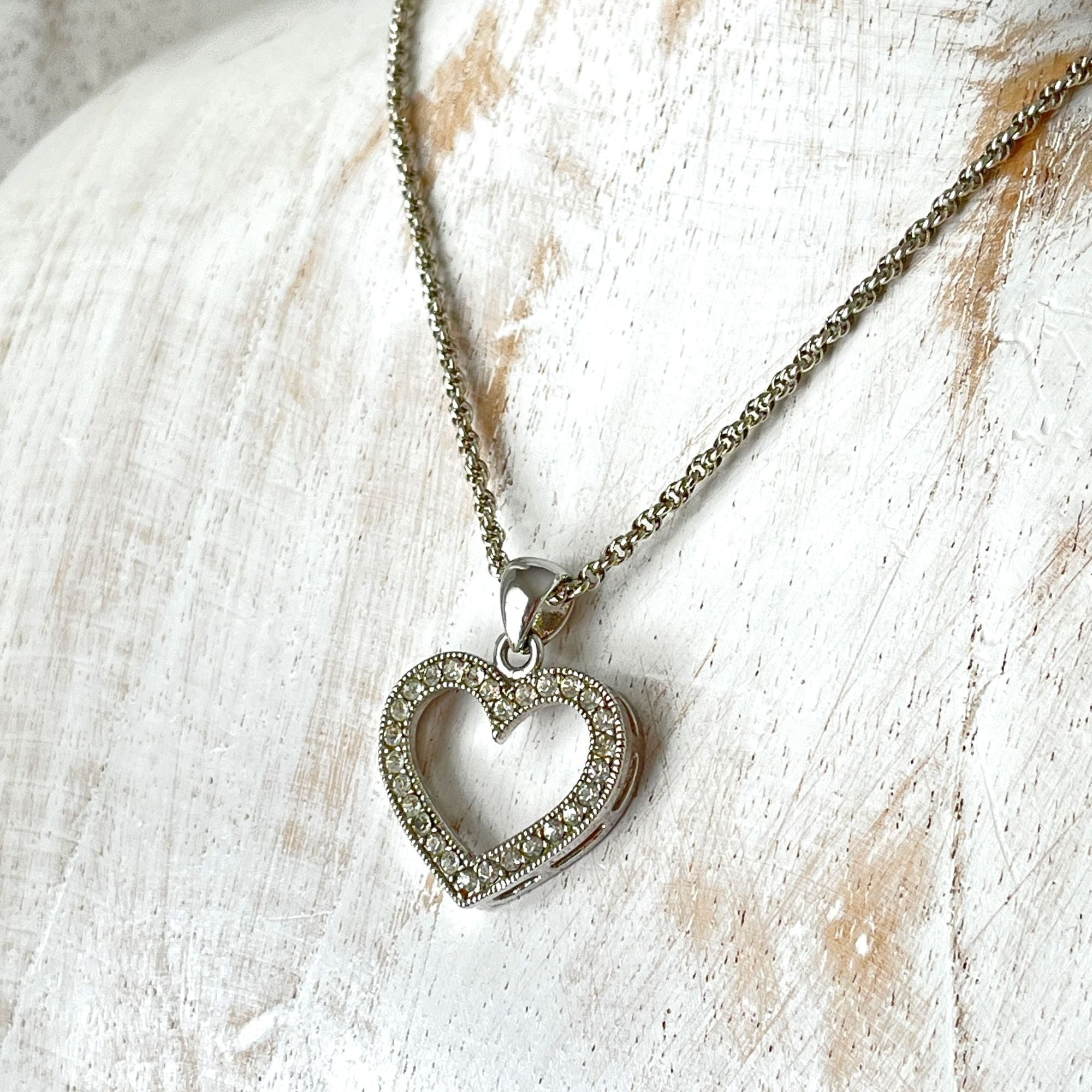 Vintage Silver Tone Open Heart Rhinestone Necklace