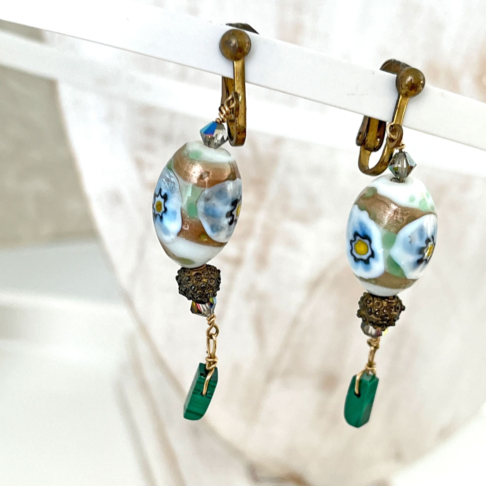 Vintage Art Glass Bead Earrings Blue Green Floral Gold Tone