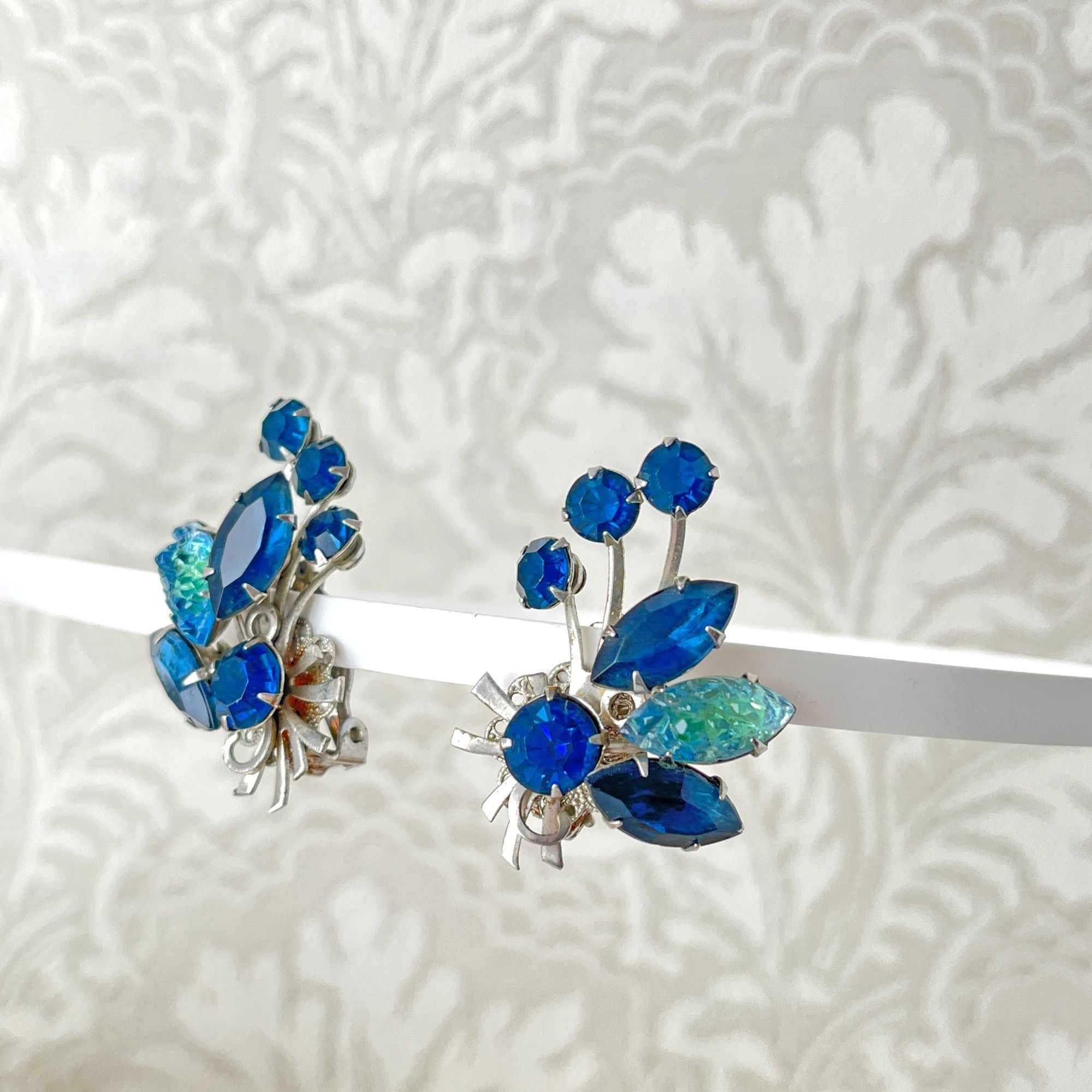 Vintage Blue Nugget Glass Rhinestone Climber Earrings Clip On 1950s