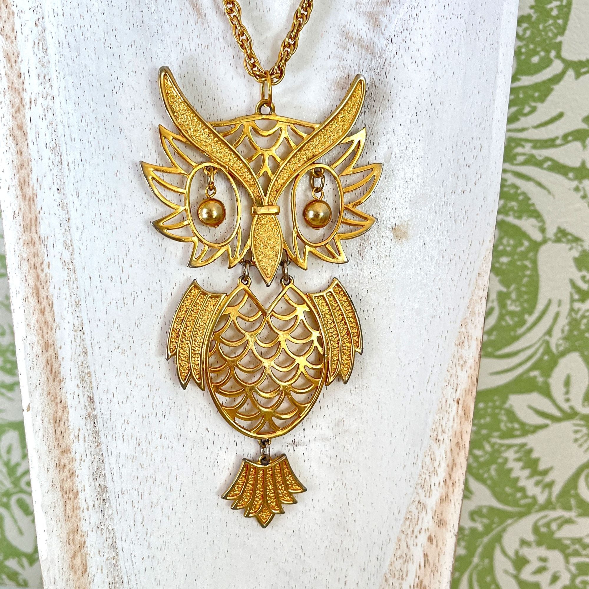 Large 1960s Vintage Owl Bird Statement Gold Tone Necklace