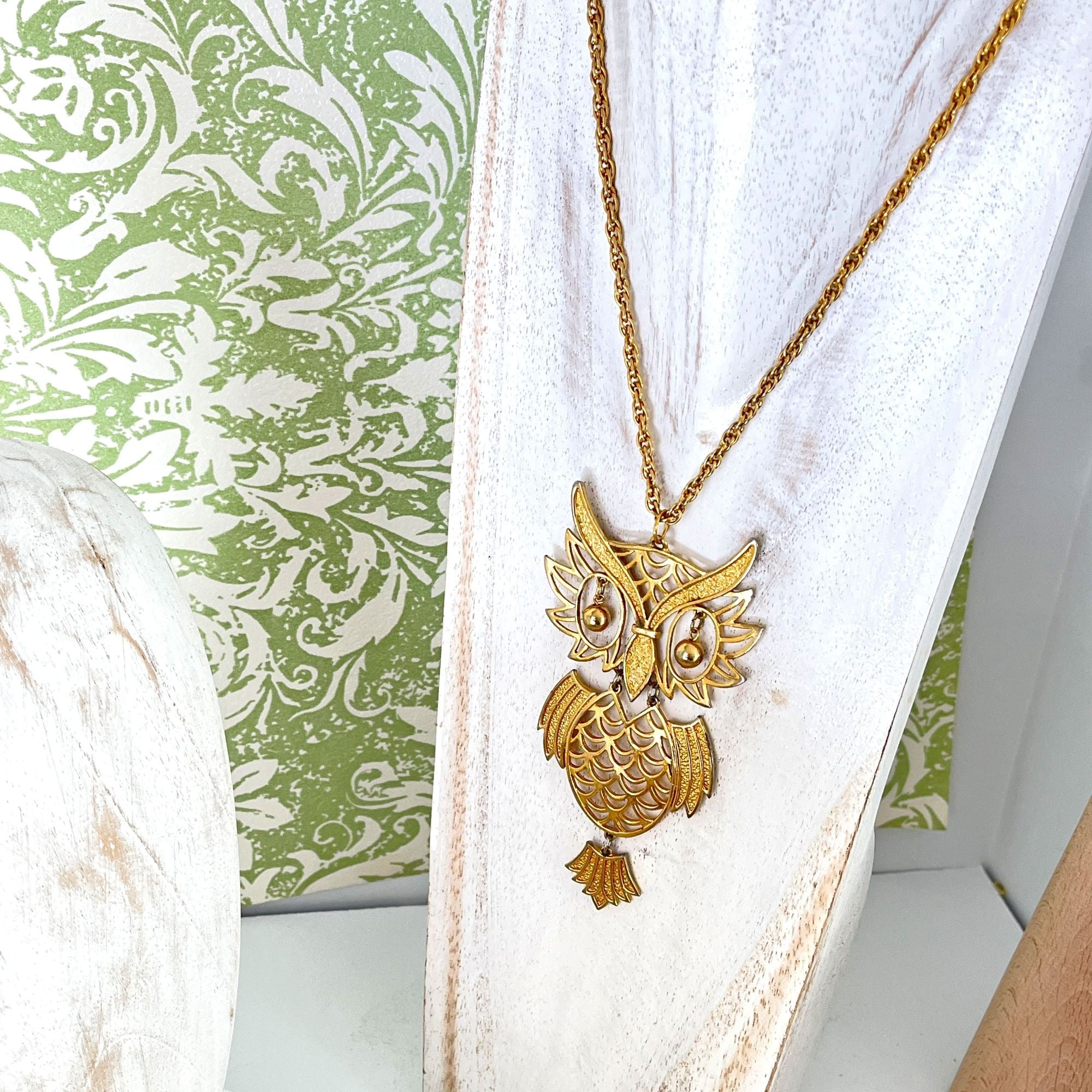 Large 1960s Vintage Owl Bird Statement Gold Tone Necklace