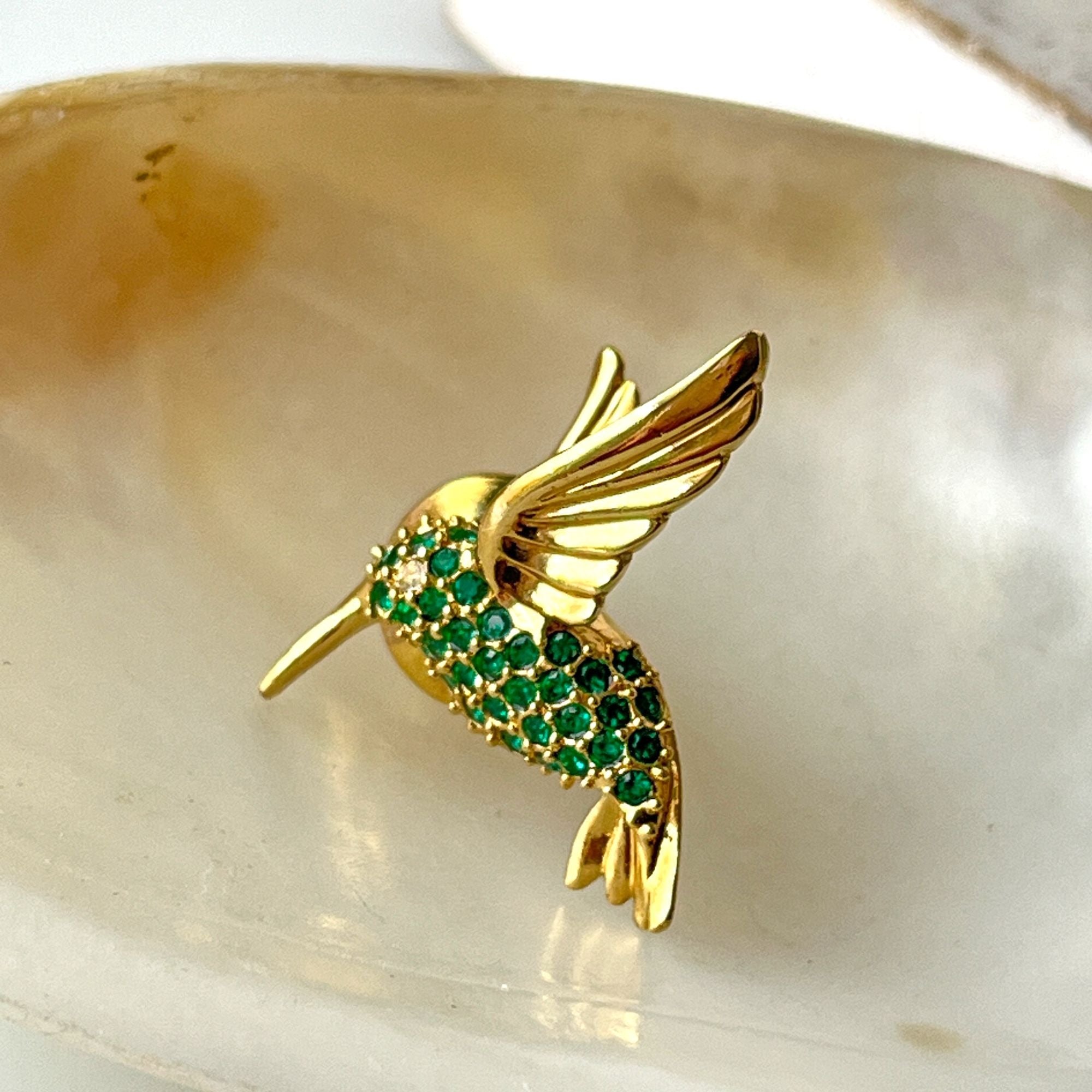 Lovely Unisex Vintage Hummingbird Pin Brooch Green Signed