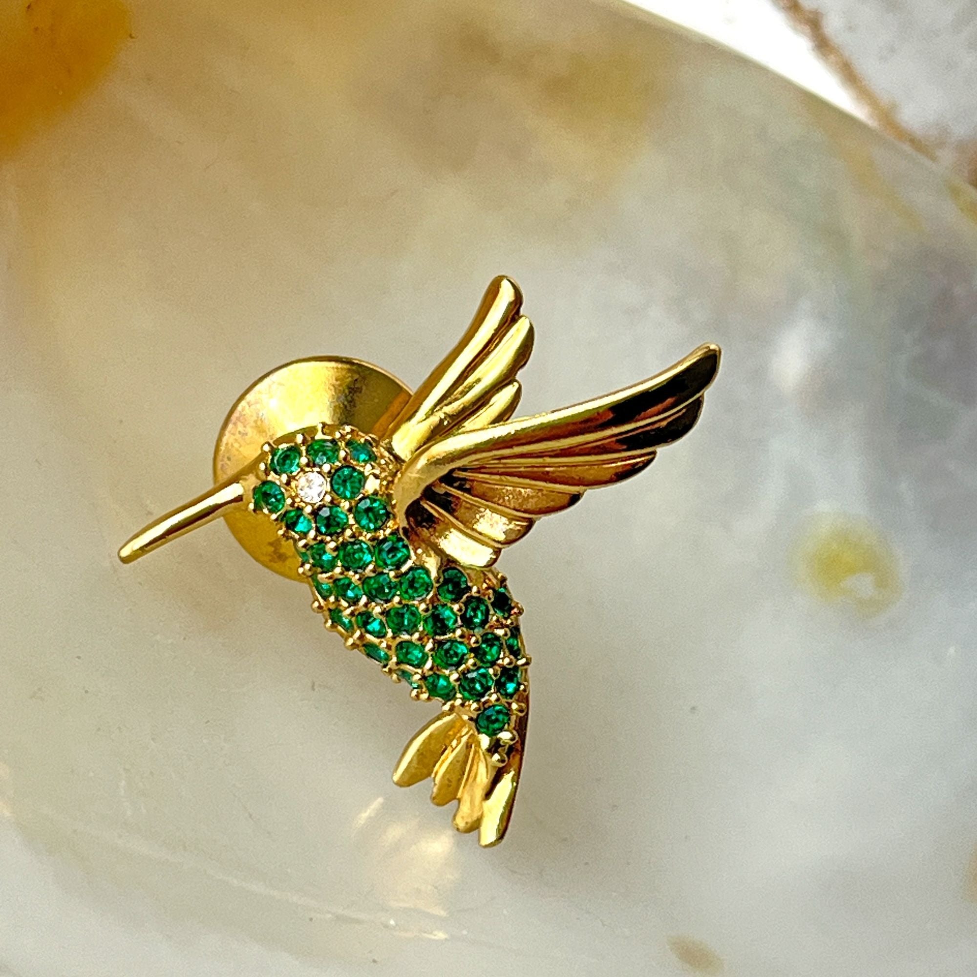 Lovely Unisex Vintage Hummingbird Pin Brooch Green Signed