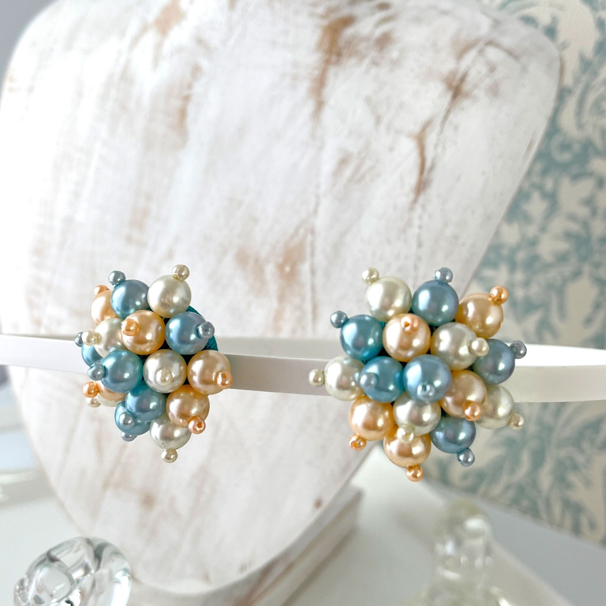 Vintage Blue Cream Pearl Cluster Starburst Earrings