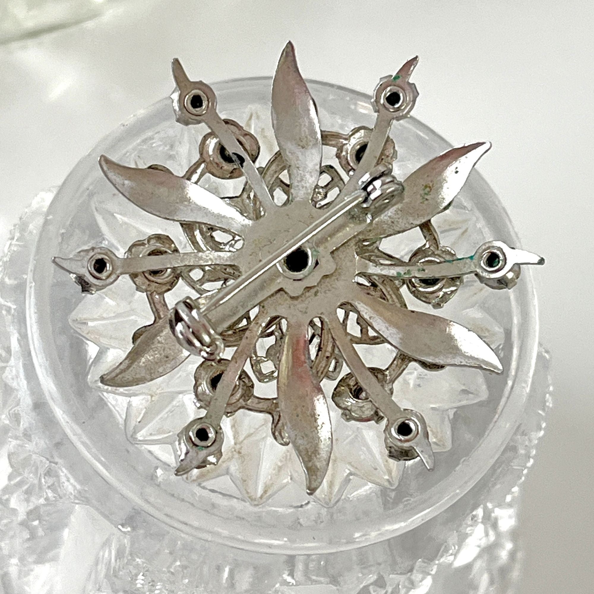 Vintage Silver Tone Rhinestone Brooch Winter Snowflake Pin