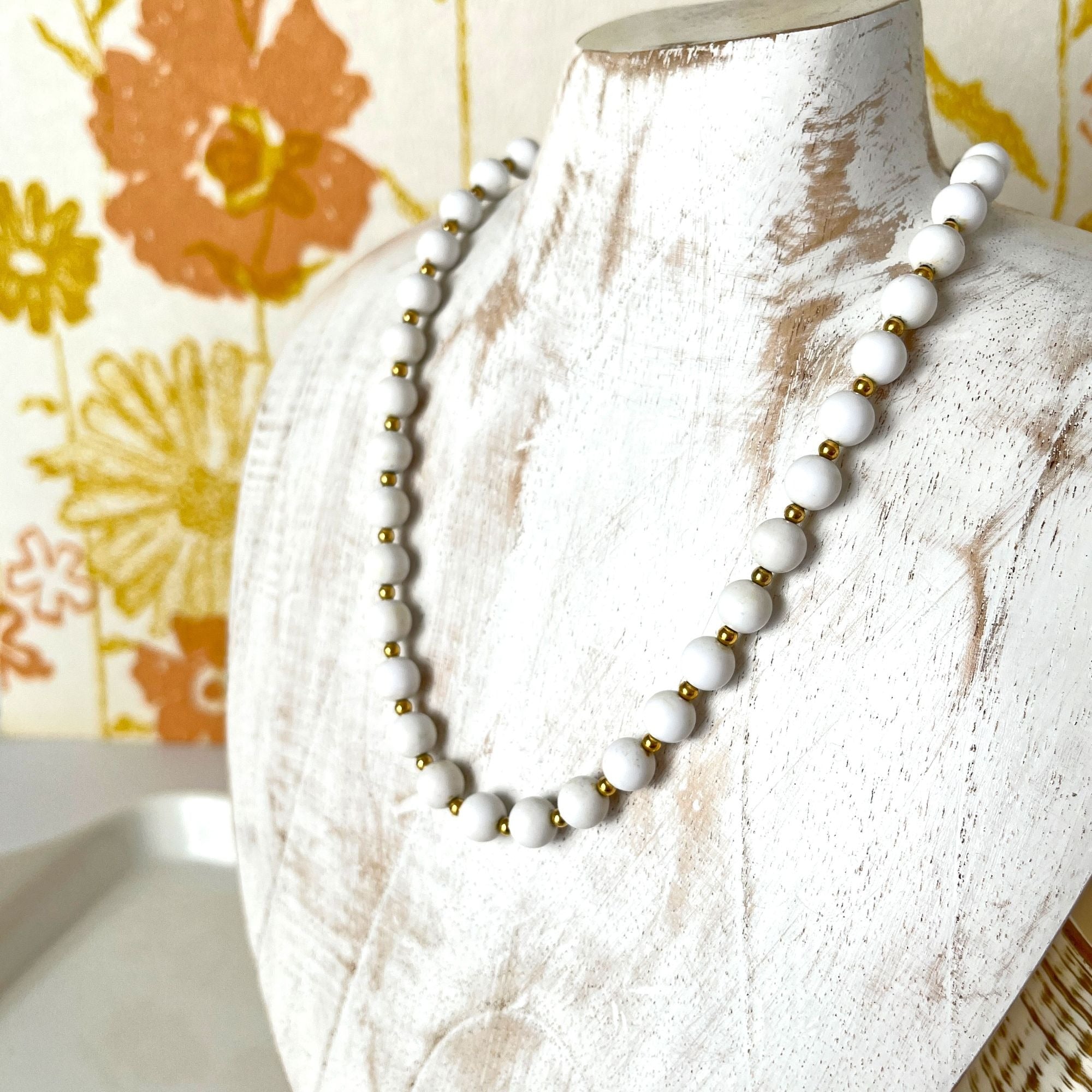 Vintage Monet White Bead Choker Necklace 1960s